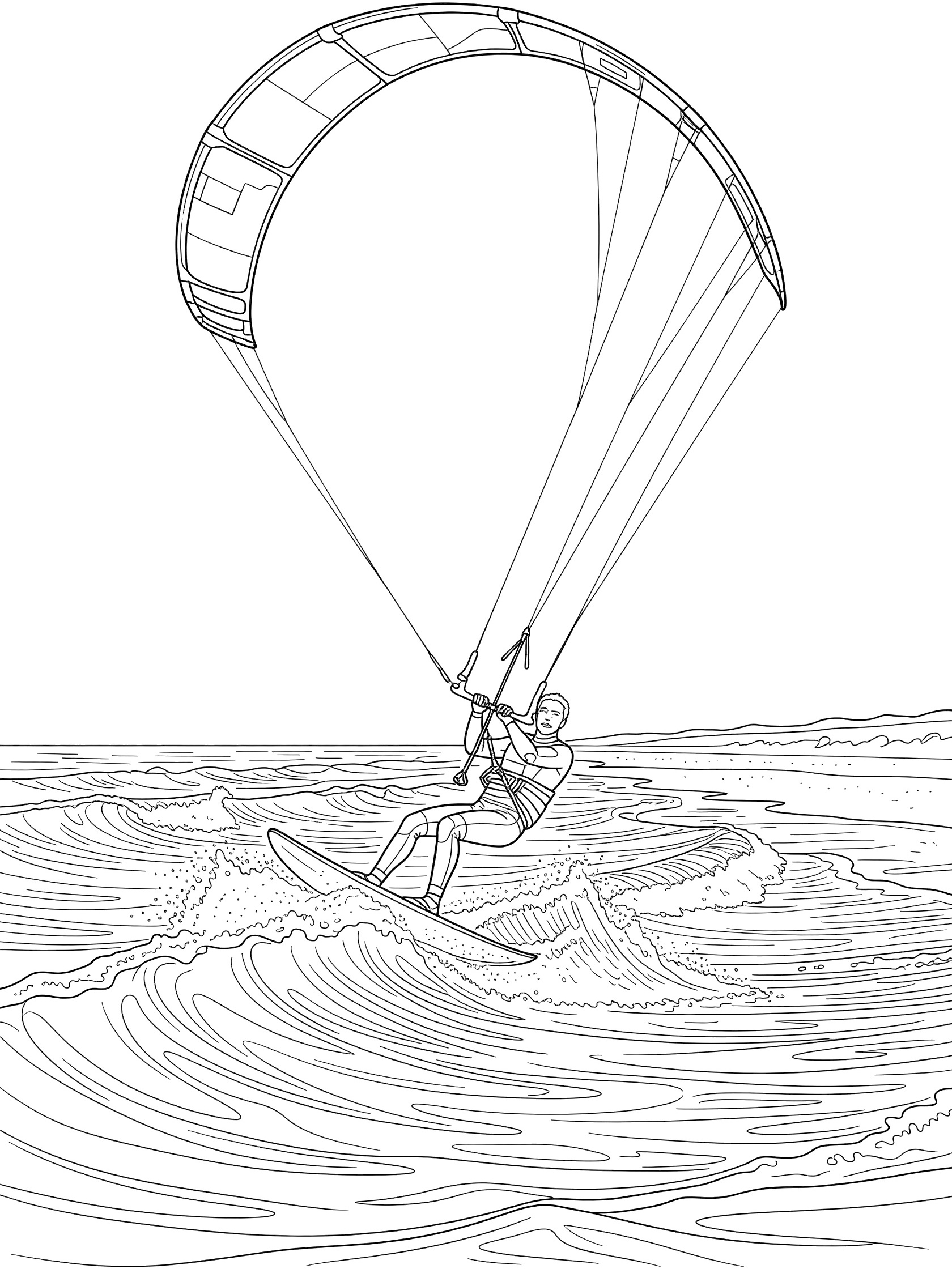 Kitesurfing coloring page showing kitesurfer pulling kite in loop, board splashing from waves, beach waters in background