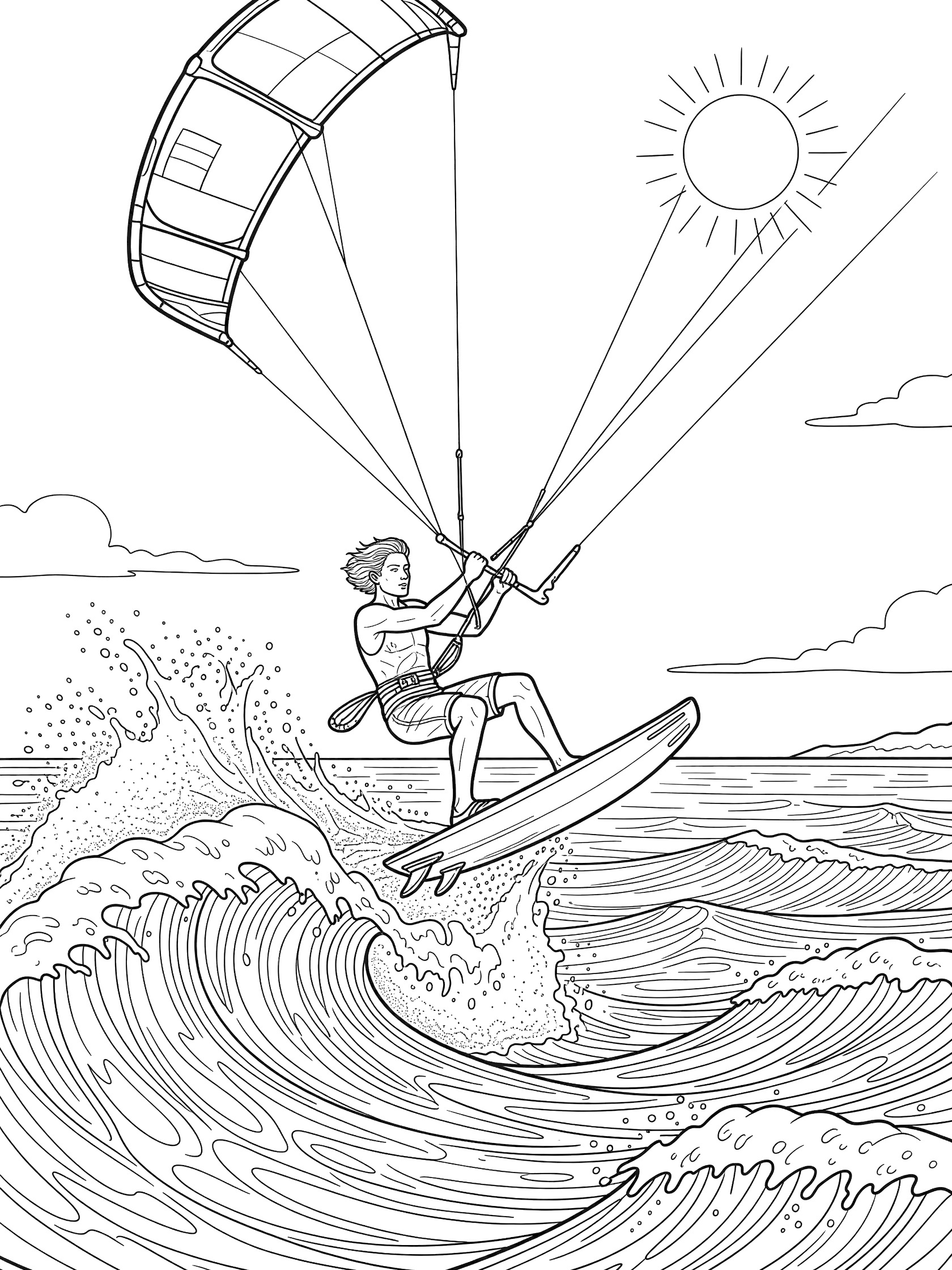 Kitesurfing coloring page showing a rider in mid-air jump pulled by a large kite over choppy waves, with sunny sky and ocean spray