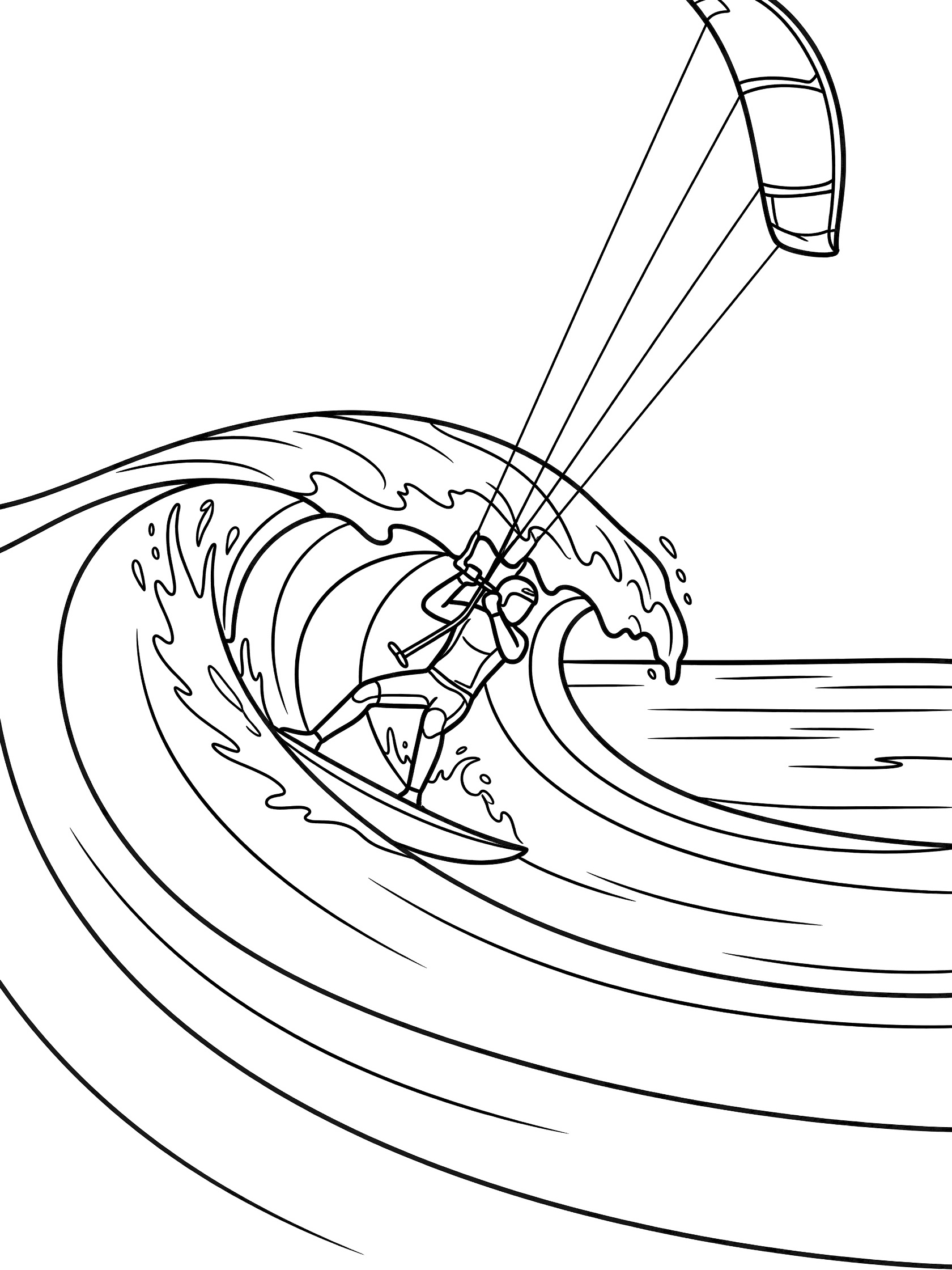 Black and white line art of kitesurfer making a sharp carving turn on ocean wave with kite above and water arcs spraying from board