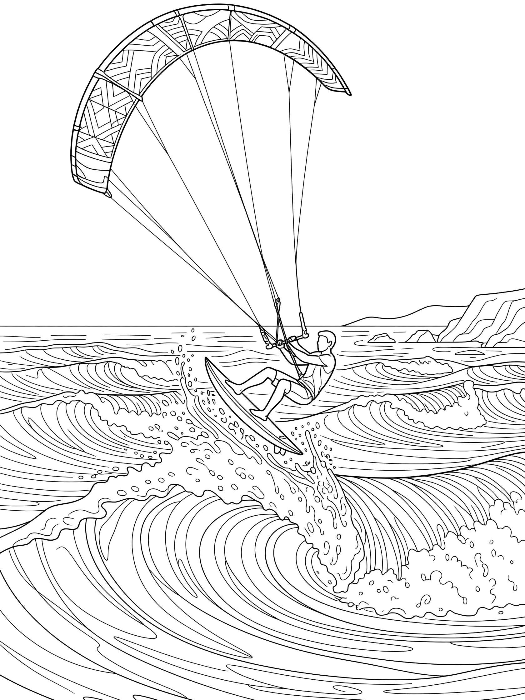 Black and white line art of kitesurfer doing a top spin trick on a cresting wave, kite circling above with line patterns, board on water, stormy waves below
