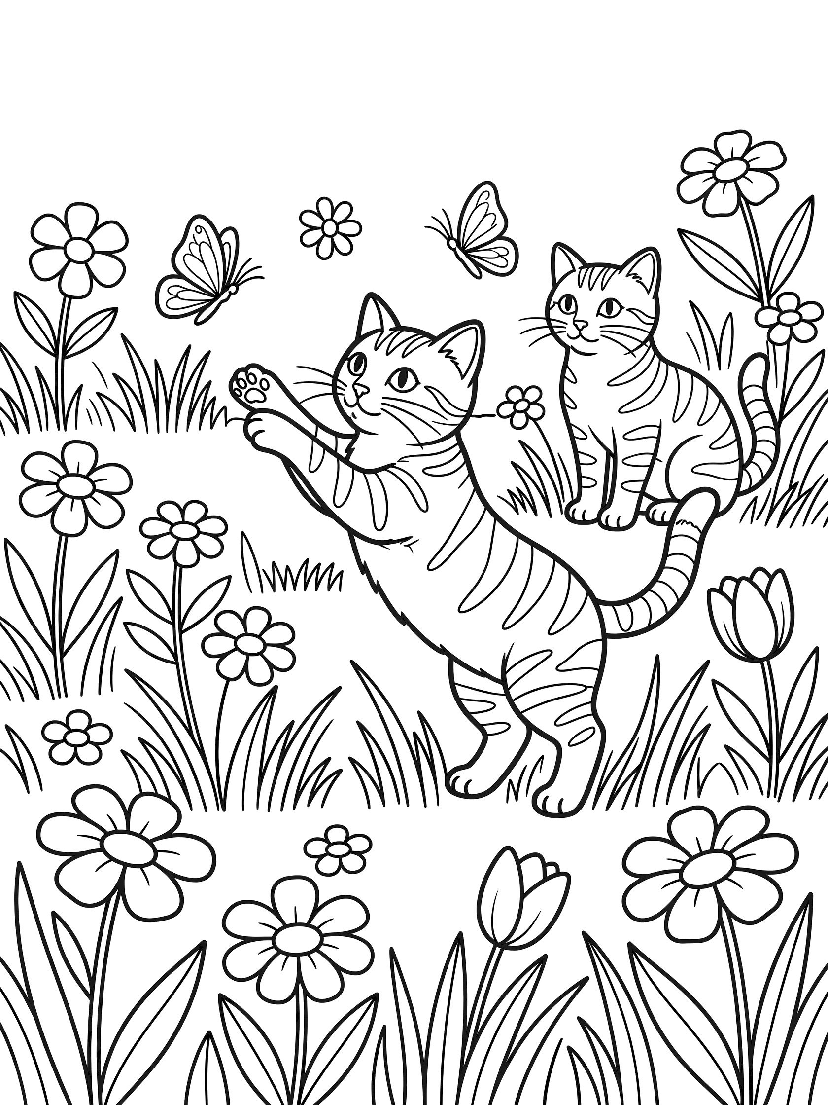 Printable coloring page showing a tabby kitten pouncing on a butterfly while another tabby cat watches, surrounded by flowers, tulips and grass in a meadow.