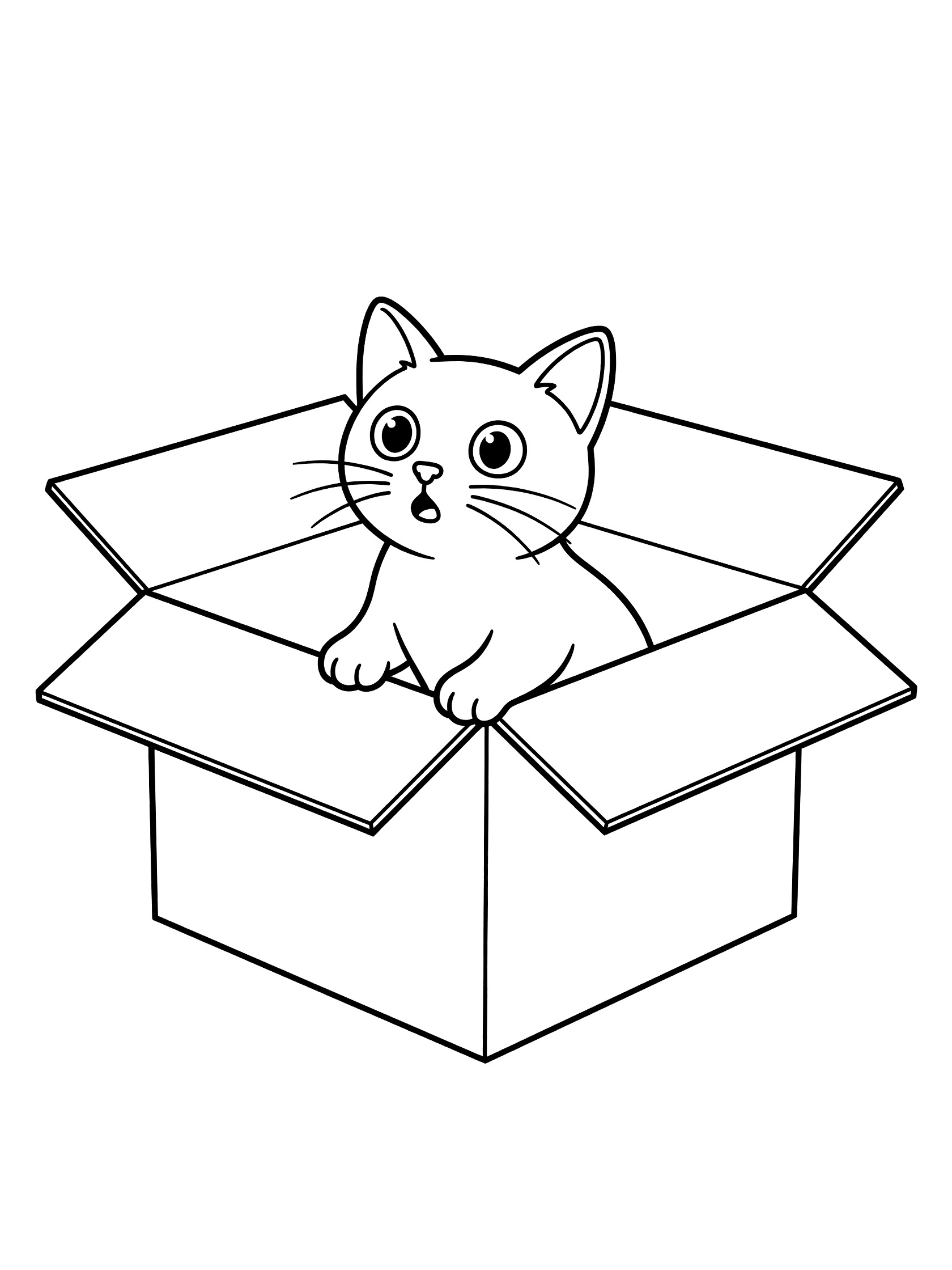 Black and white line art coloring page showing a cute domestic kitten with perked ears and twitching whiskers peeking out of an open cardboard box