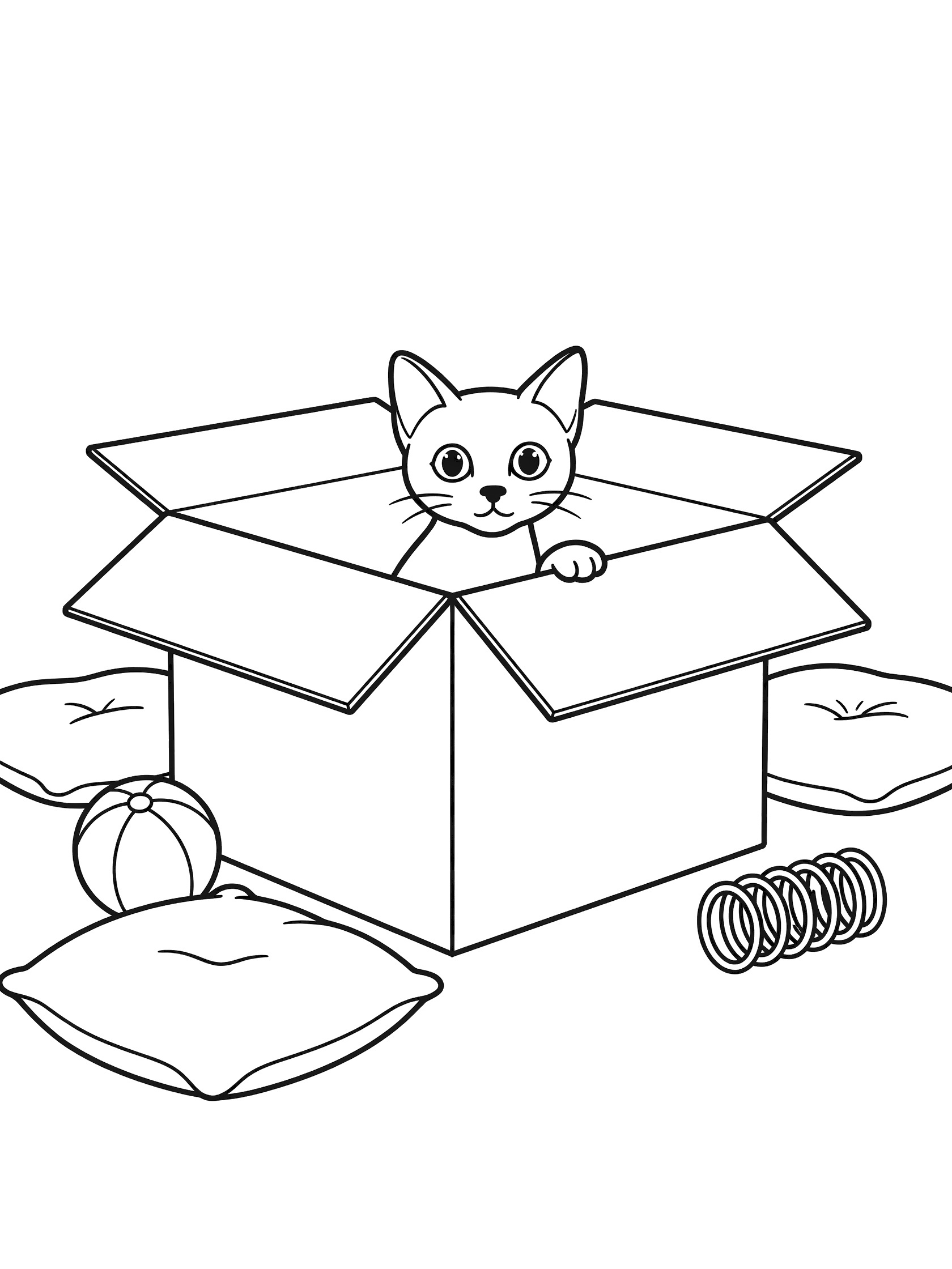 Black and white line art coloring page showing a wide-eyed kitten with pointy ears peeking from an open cardboard box surrounded by a ball, spring toy, and cushions. Siamese Cats themed black and white printable line art