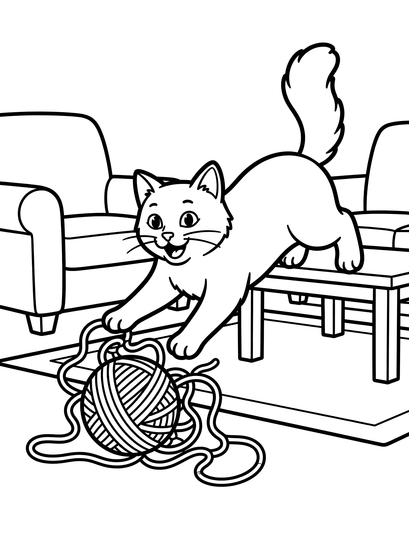 Black and white line art of a domestic cat mid-jump pouncing on a ball of yarn next to a couch and table in a living room, printable coloring page for children.