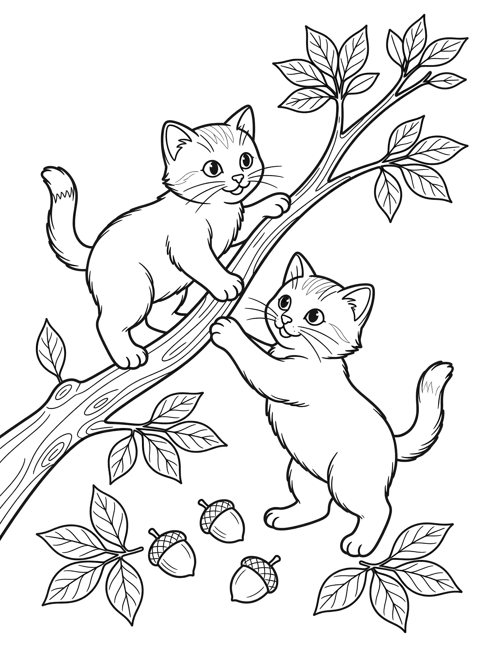 Black and white line art coloring page showing two playful kittens climbing a curved tree branch surrounded by leaves and acorns