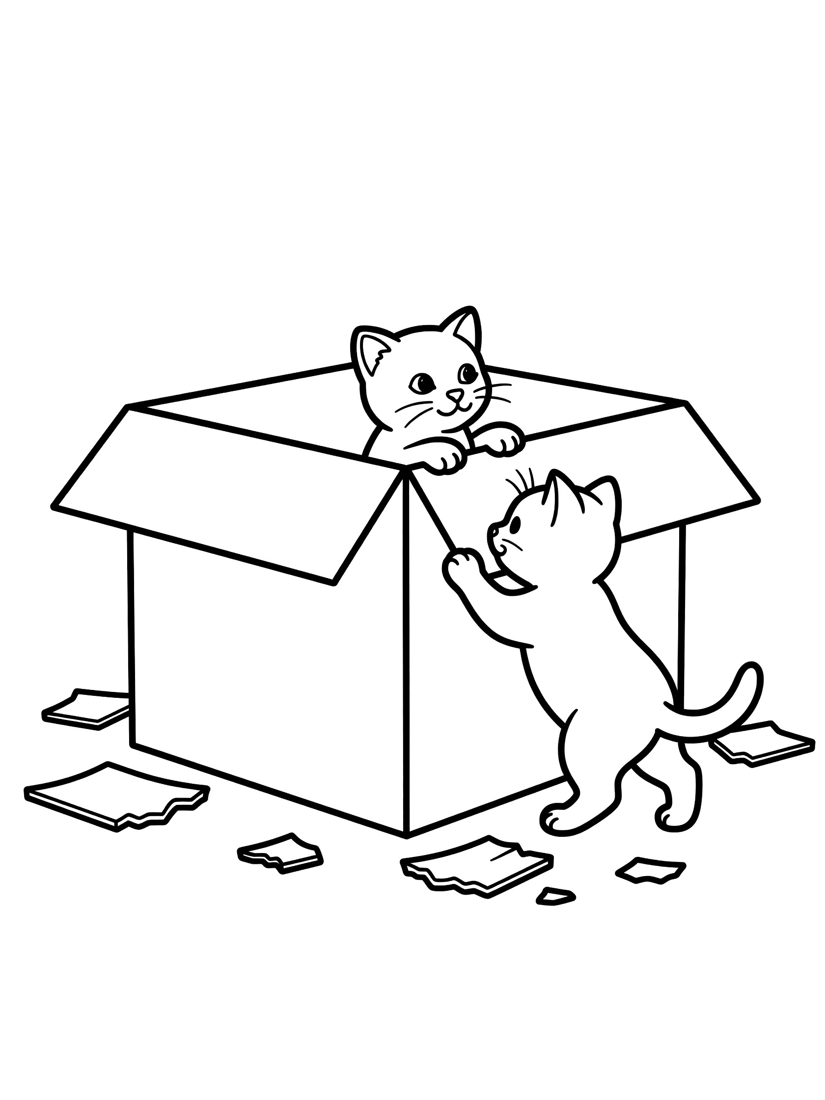 Black and white line art coloring page showing one kitten peeking out from a cardboard box and another climbing on top with scattered paper bits