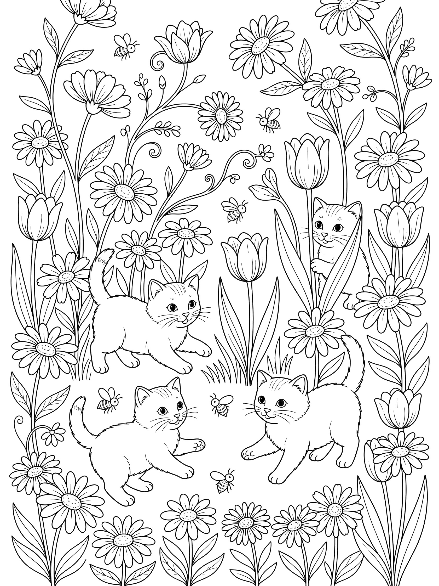 Black and white line art coloring page showing three kittens playing and peeking in a garden with daisies, tulips, vines and bees.