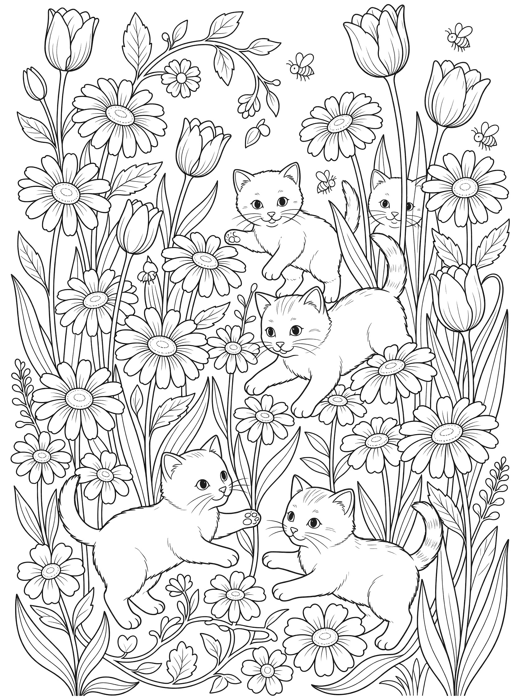 Black and white line art coloring page showing four kittens playing and jumping in a garden full of daisies, tulips, vines, and bees.