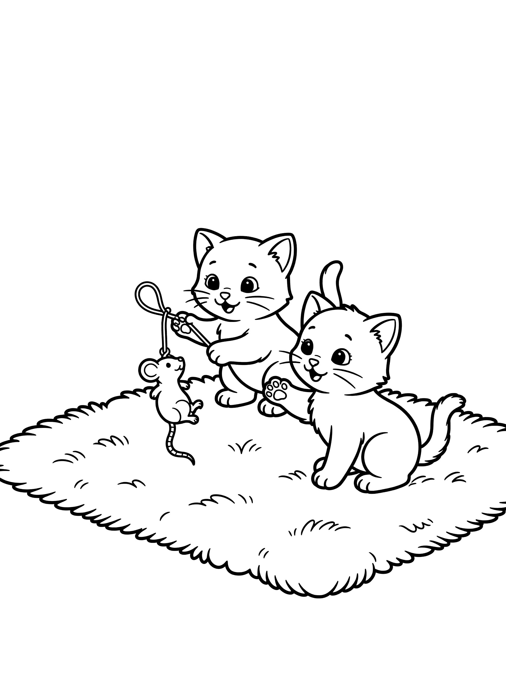 Black and white line art coloring page showing two kittens, one pawing at a string toy mouse and the other watching, on a fluffy rug.