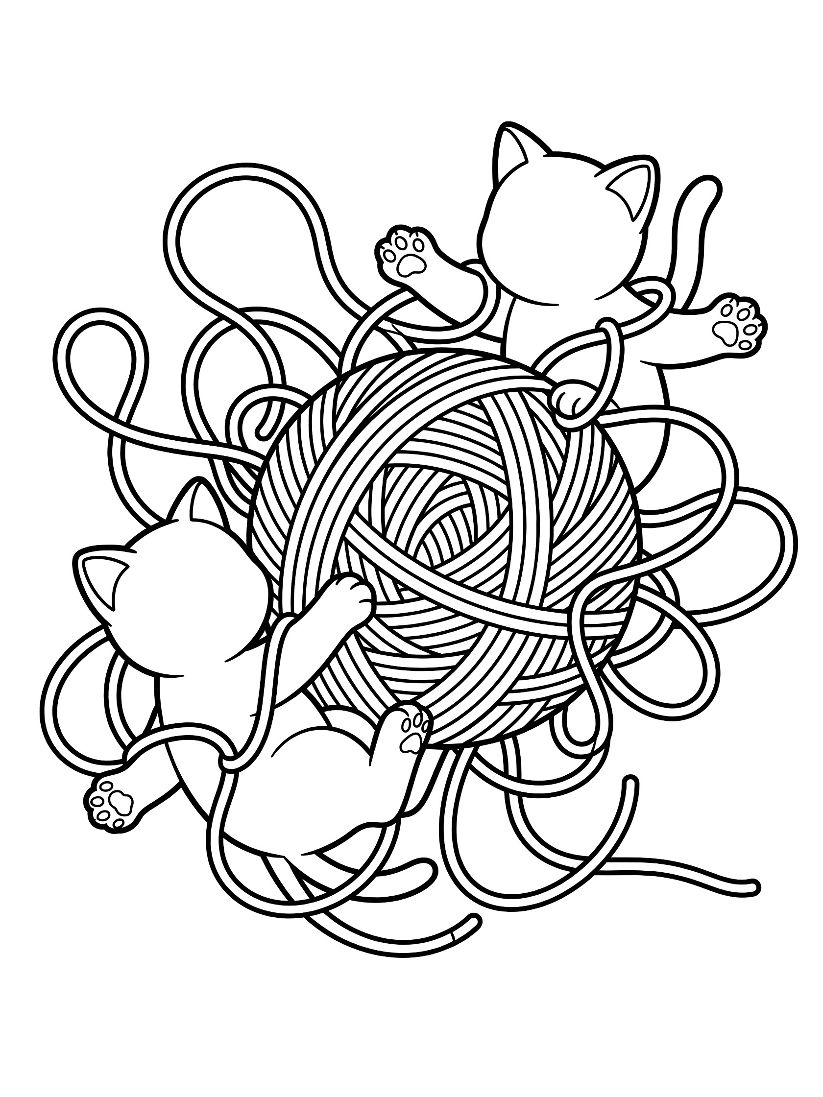 Black and white line art coloring page showing two kittens tangled in swirling yarn strings with paws outstretched around a large yarn ball.
