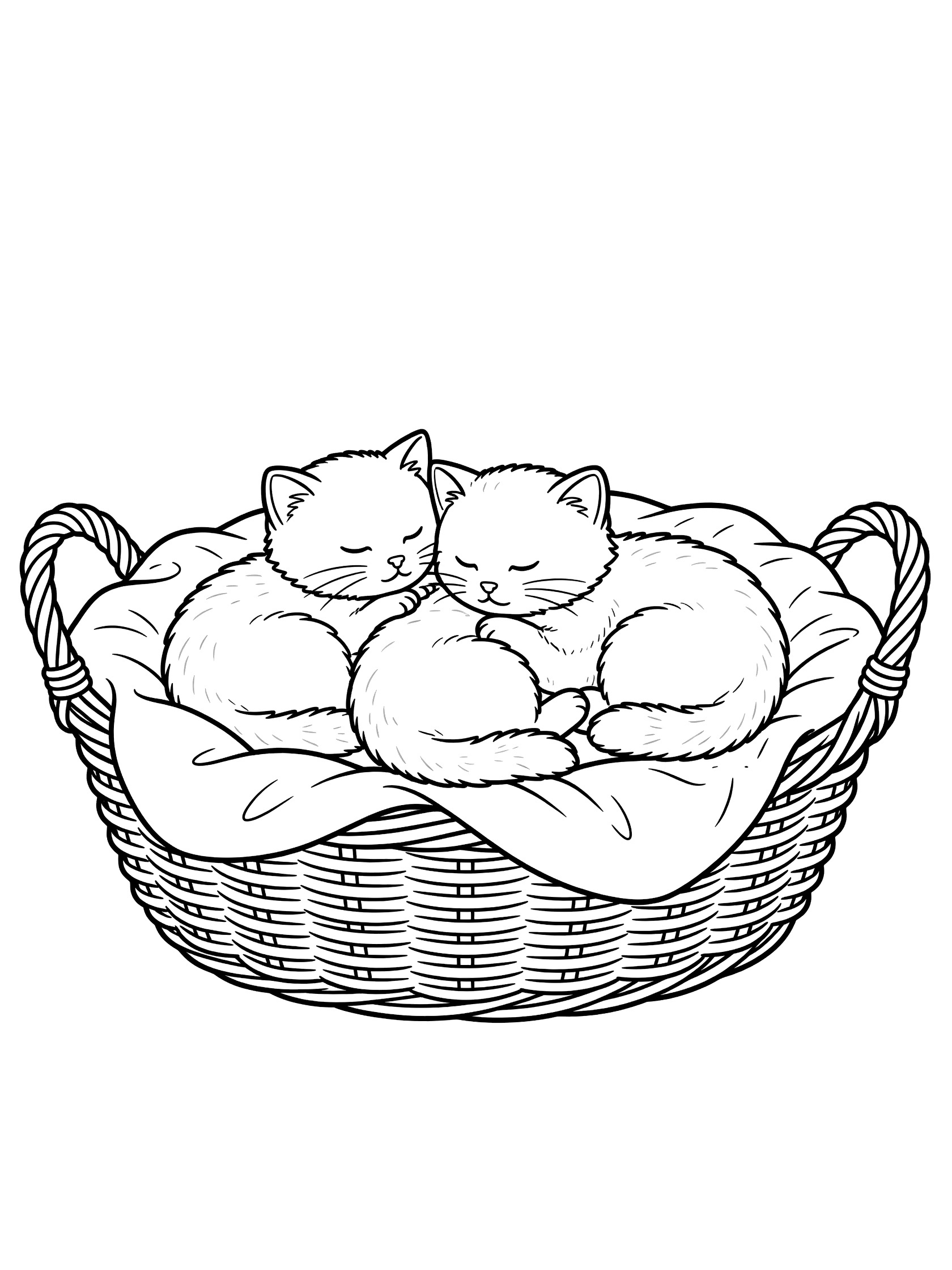 Black and white line art coloring page showing three sleeping kittens nestled in a basket with handles.