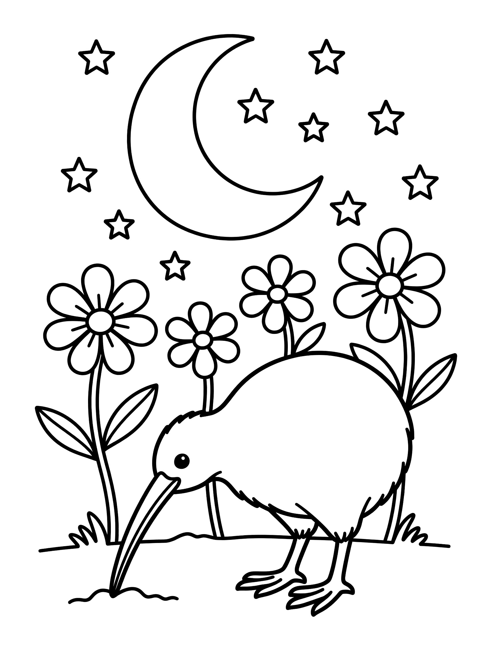 Black and white line art coloring page showing a kiwi bird with long beak on ground, surrounded by flowers, under a big crescent moon with stars.