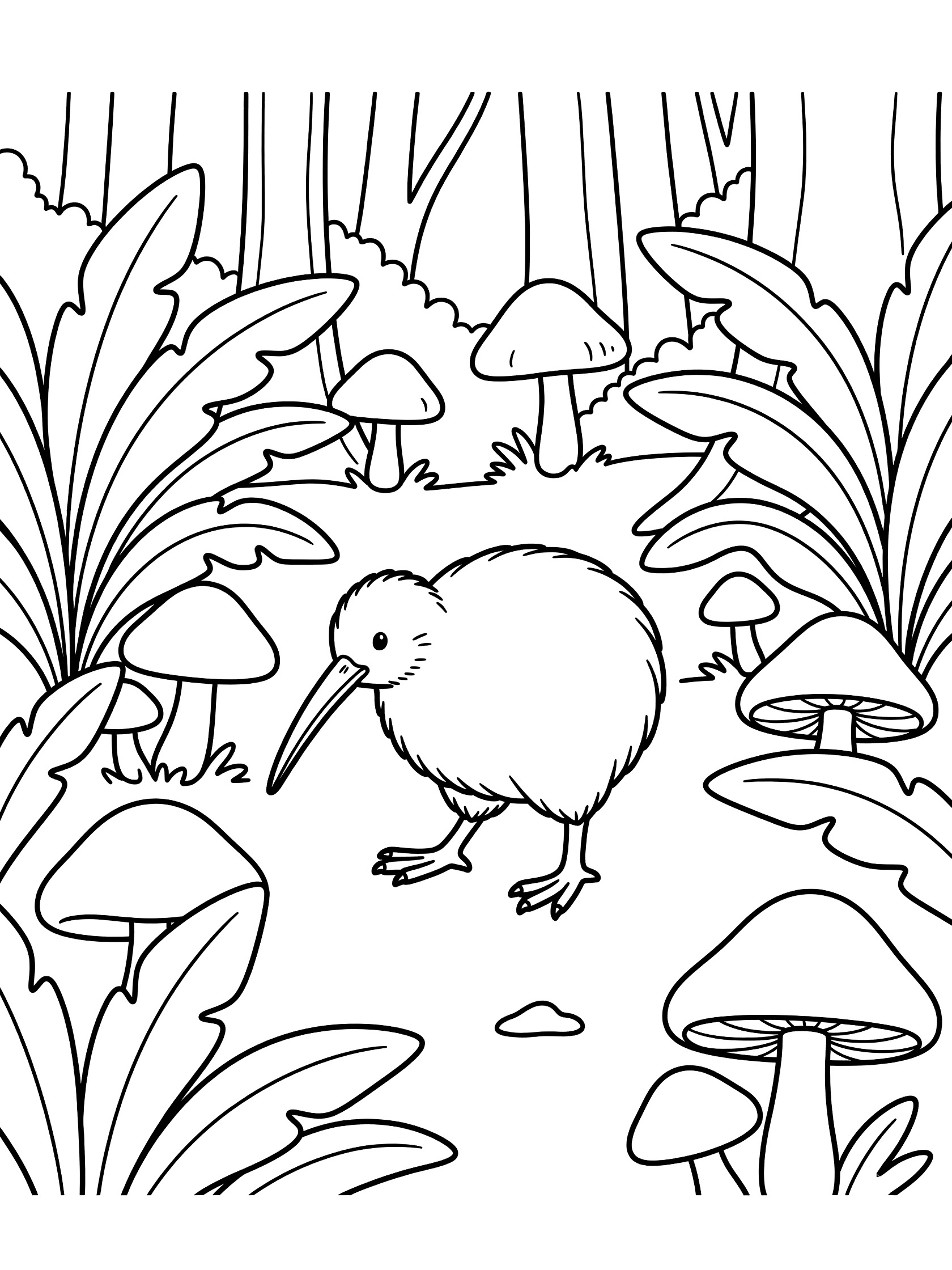 Printable coloring page showing a friendly kiwi bird with long beak walking among ferns and mushrooms on a forest floor, bold line art