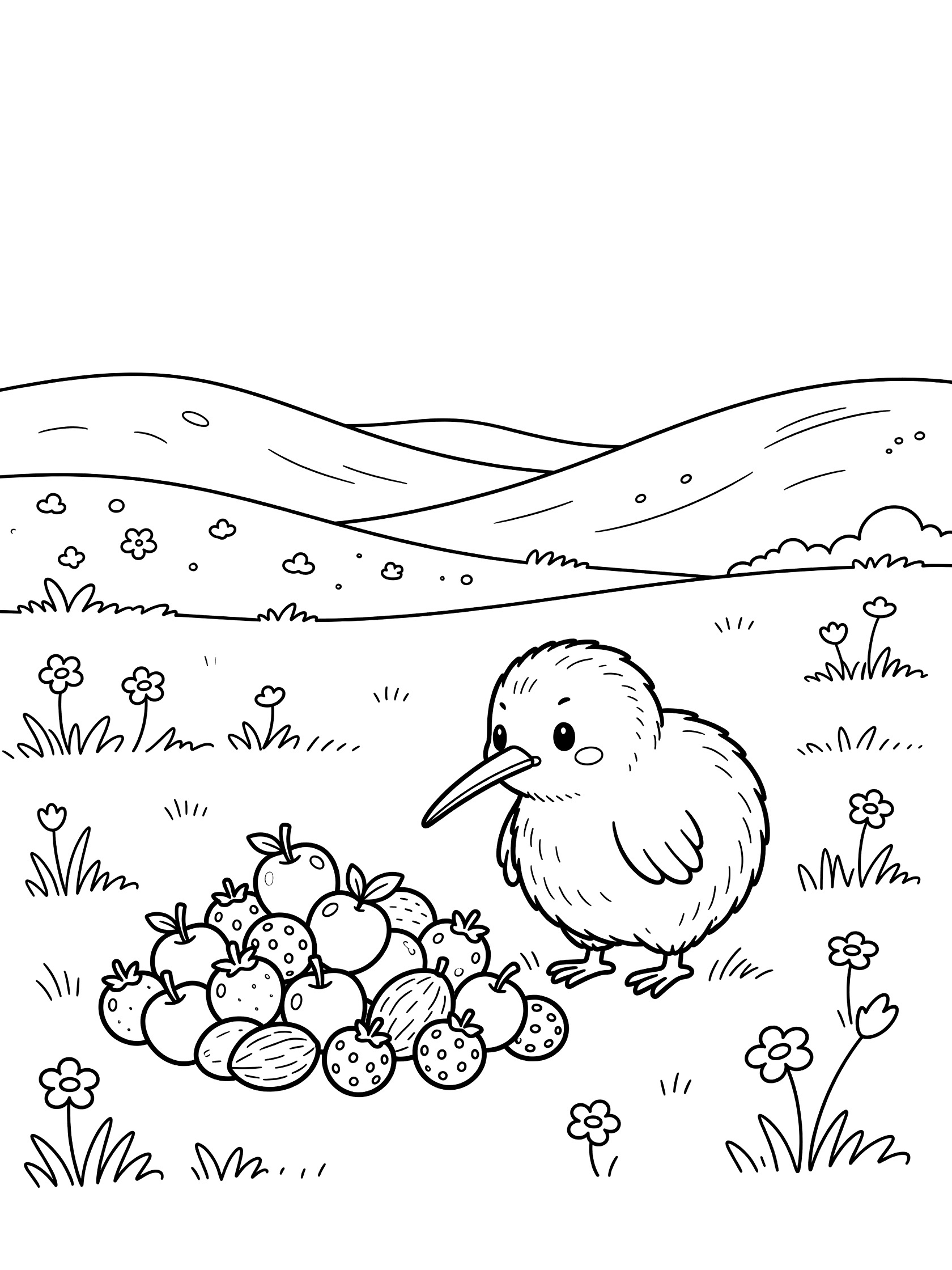 Black and white line art of a chubby kiwi bird next to a pile of strawberries and fruits in a grassy meadow with rolling hills and flowers.
