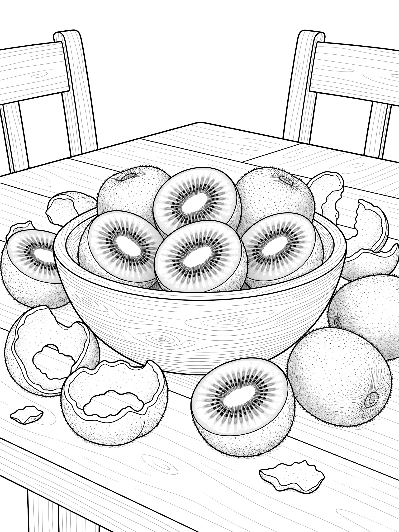 Black and white coloring page showing kiwi fruits cut in half inside a wooden bowl on a dining table, surrounded by whole kiwis and peels