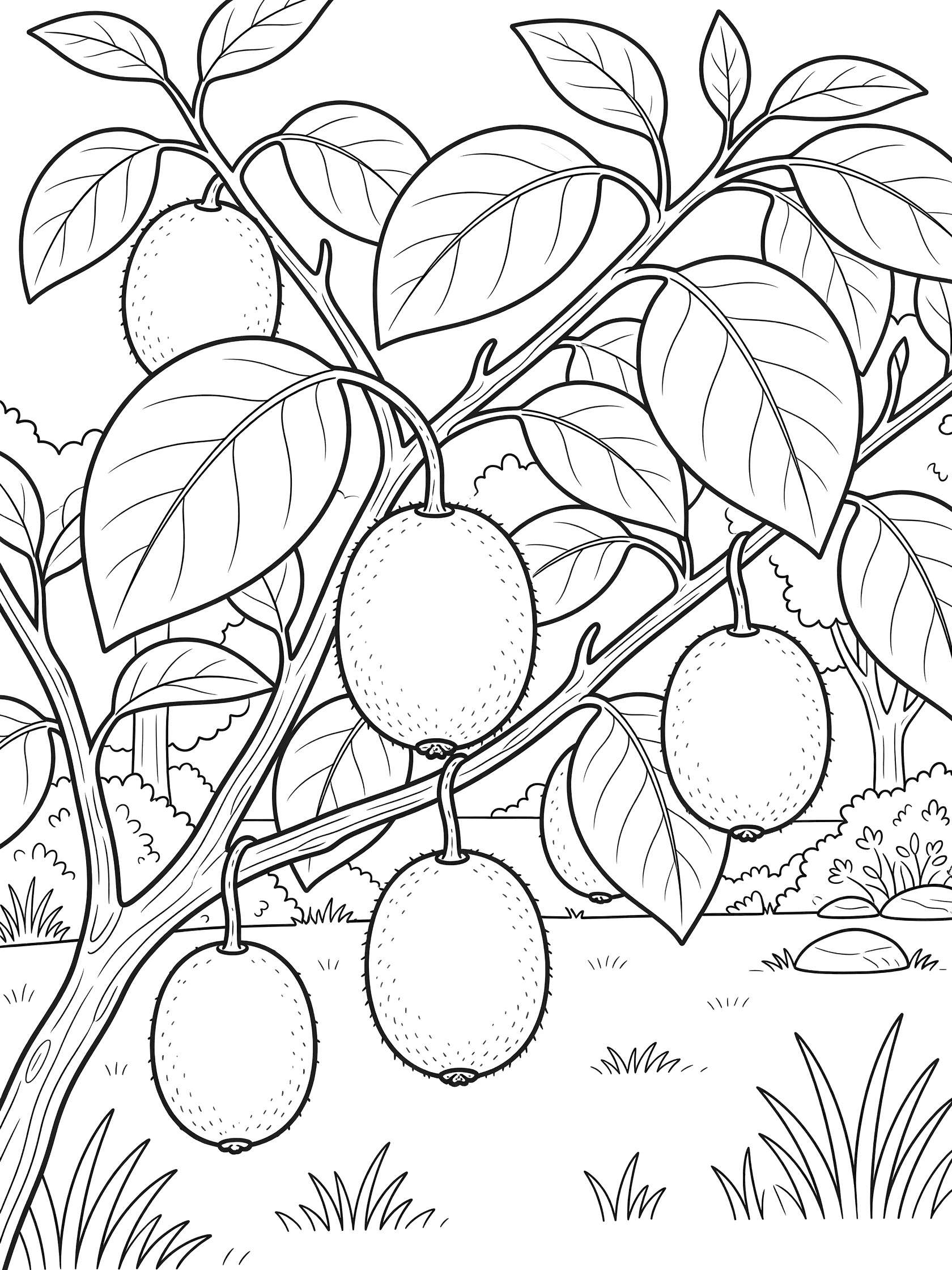 Printable coloring page of kiwi fruits dangling from branches on a vine amid large leaves in a garden setting