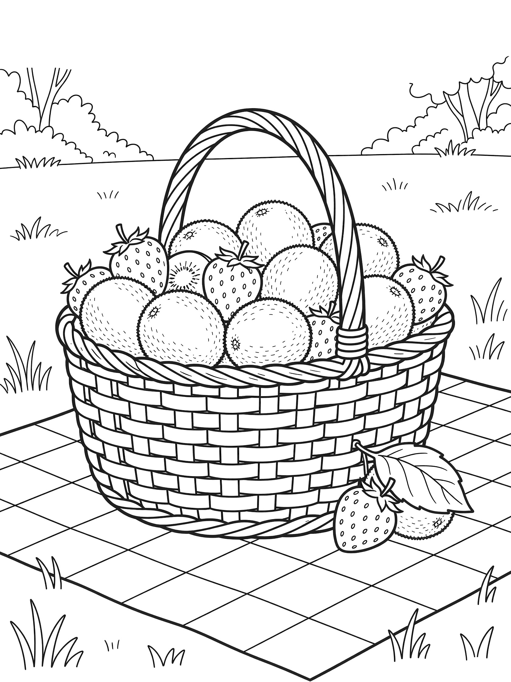 Black-and-white coloring page showing a picnic basket overflowing with whole kiwis and strawberries on a checkered blanket with grass and trees