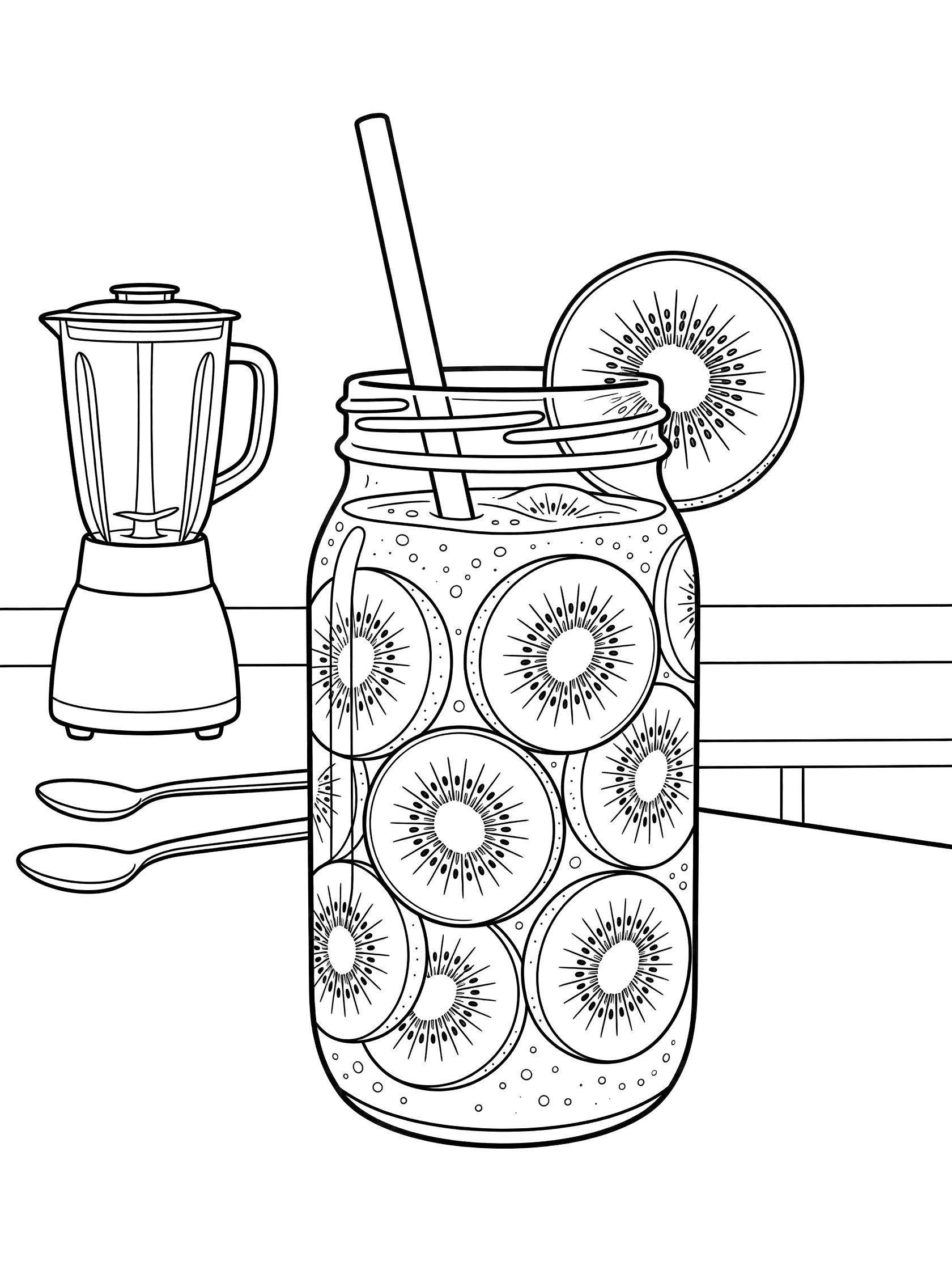 Printable coloring page of blended kiwi smoothie in a mason jar with straw, kiwi slice on rim, nearby blender and spoons on counter