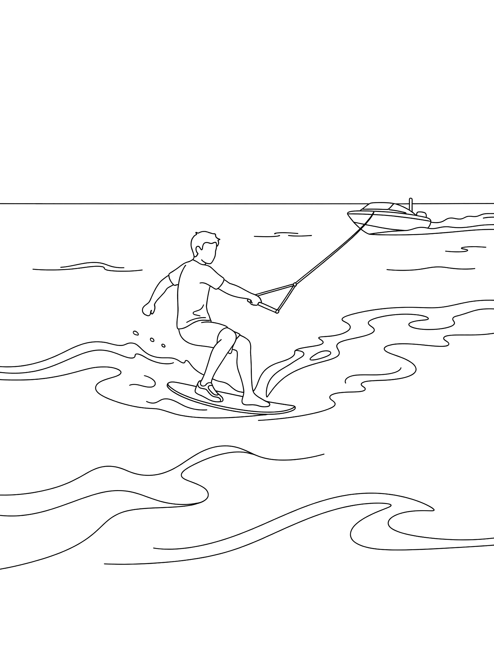 Black-and-white coloring page of a kneeboarder doing a 360 spin on kneeboard on lake, pulled by boat on taut rope with waves.