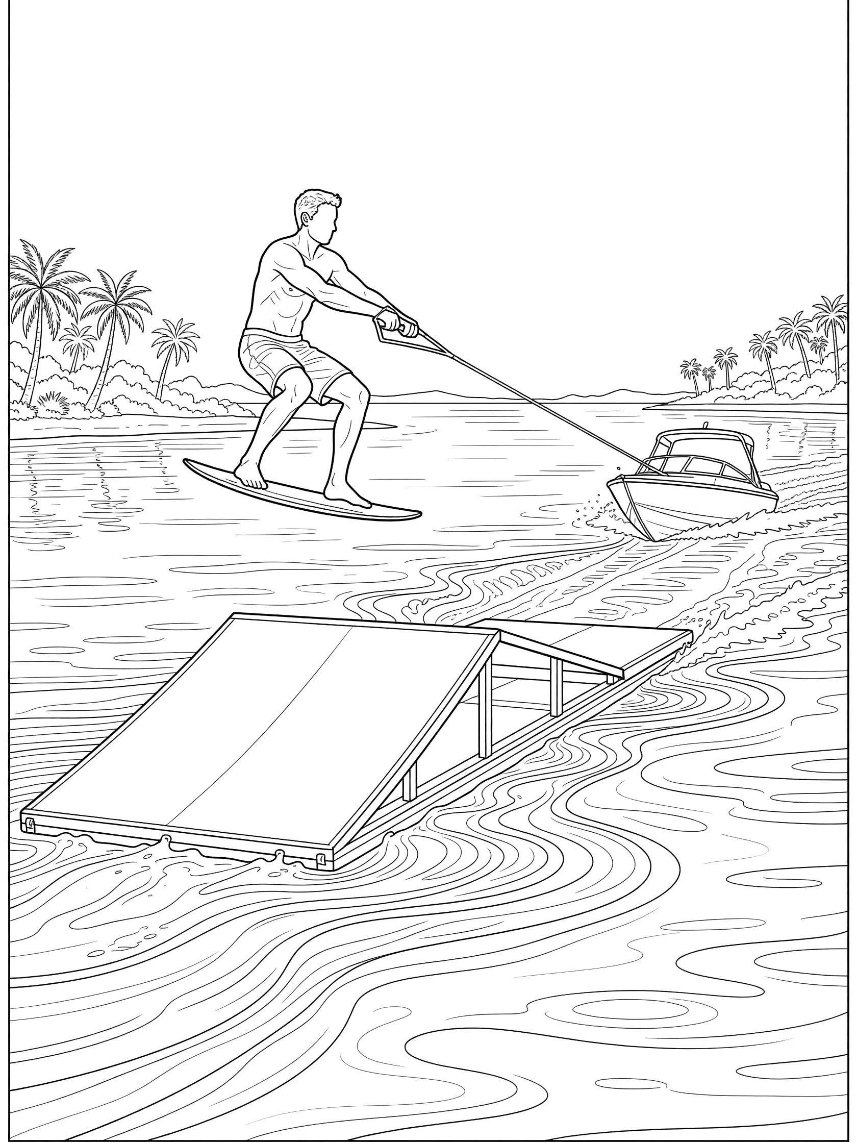 Black-and-white coloring page of a kneeboarder launching high off a ramp into the air over wavy bay water, gripping the tow rope from a speeding boat with palm trees in the background.