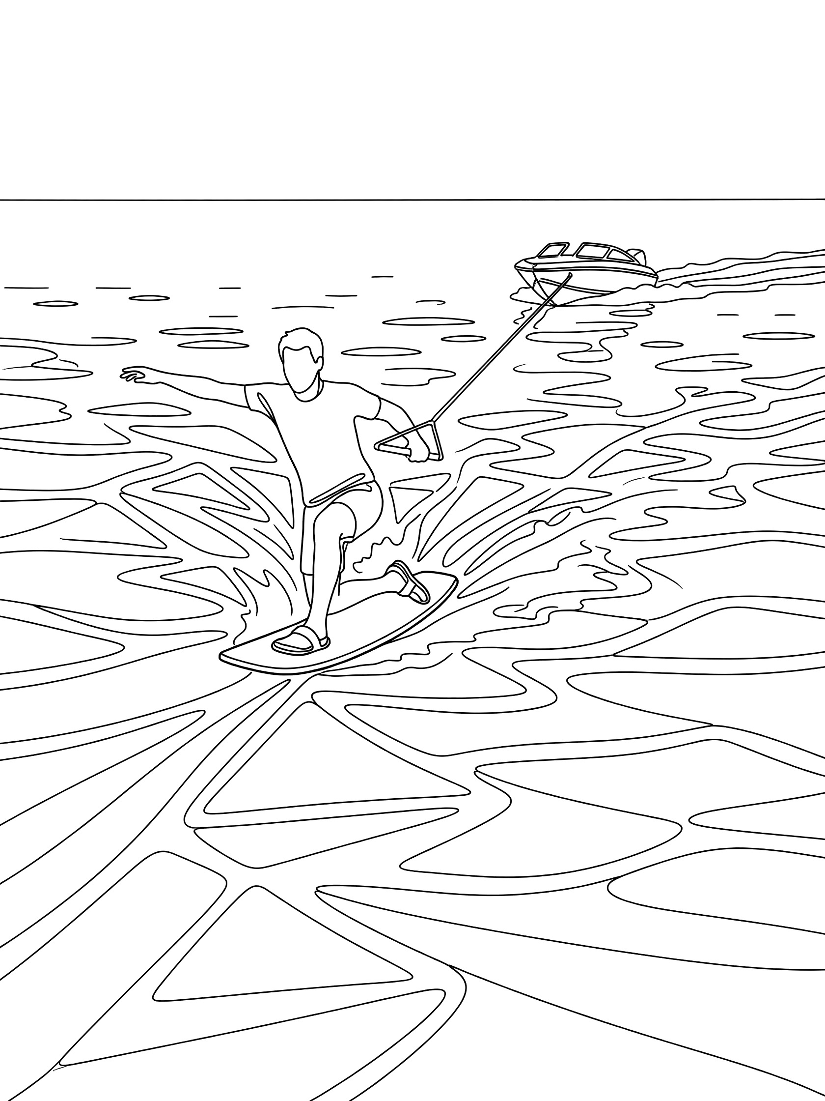 Line art coloring page showing kneeboarder reaching back for rope on kneeboard, riding low on lake surface near boat with small wakes and geometric wave patterns