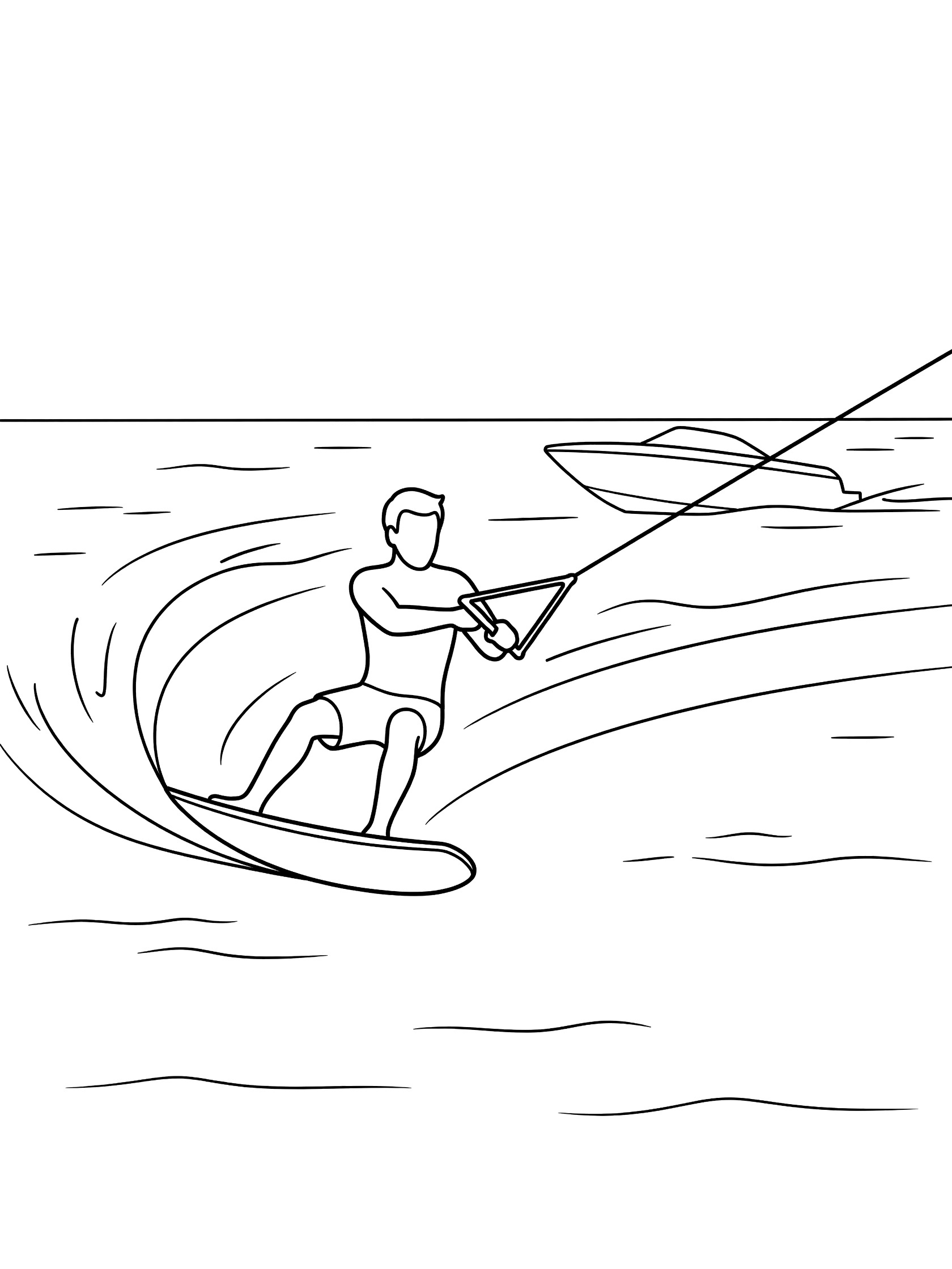 Black and white line art of a kneeboarder making a sharp carve turn, pulled by a boat on calm bay water with curved trails