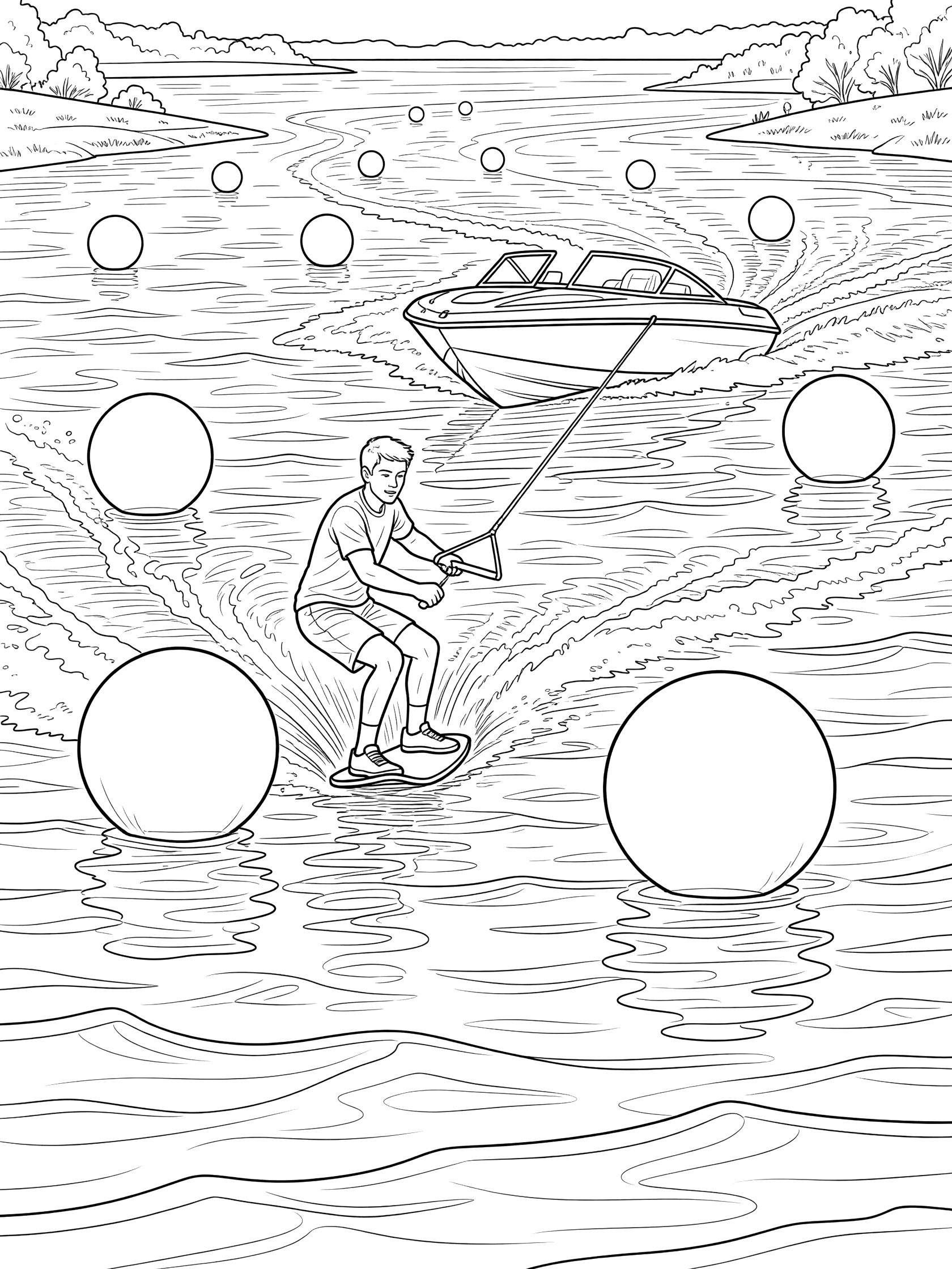 Kneeboarding coloring page with rider on kneeboard navigating white slalom buoys in river, boat pulling rope ahead on choppy waves.