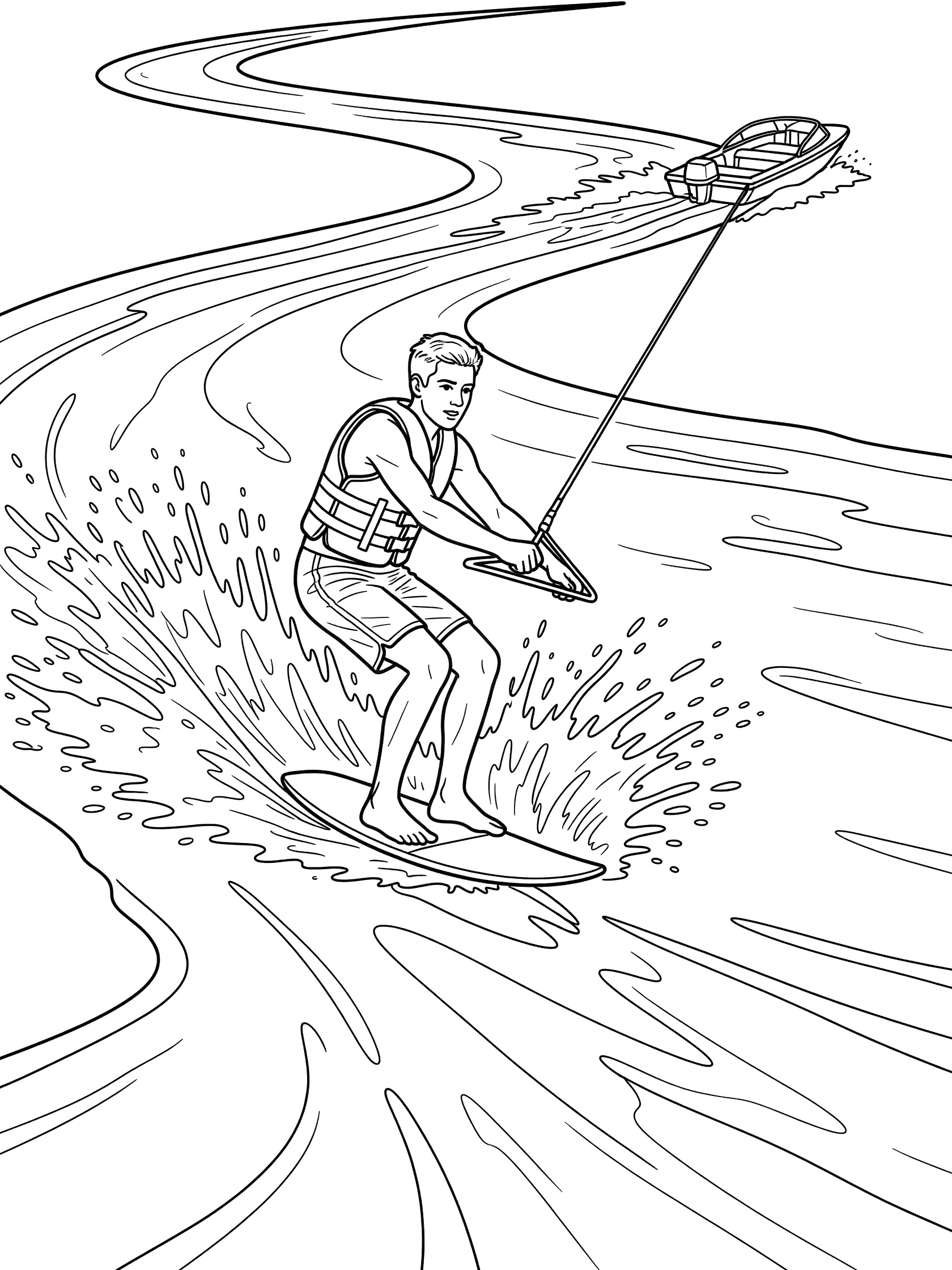 Line art coloring page showing a kneeboarder in vest and shorts leaping over wake on kneeboard, holding rope from boat on river with water splashing up.