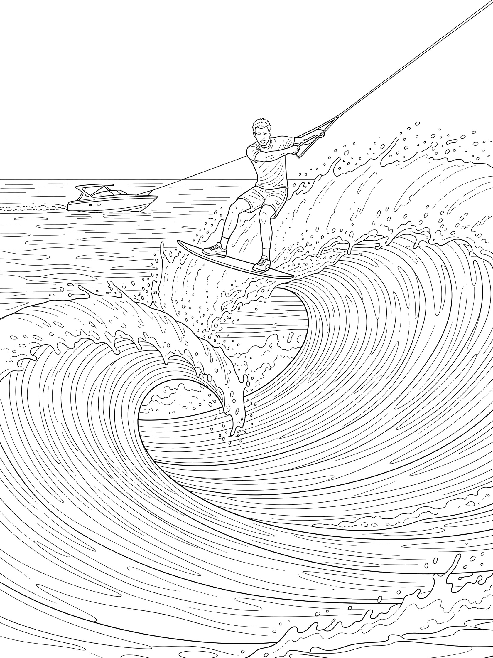 Kneeboarding coloring page showing a rider soaring over a big wave on a kneeboard, holding the tow rope from a boat, with water splashes and sunny sky.
