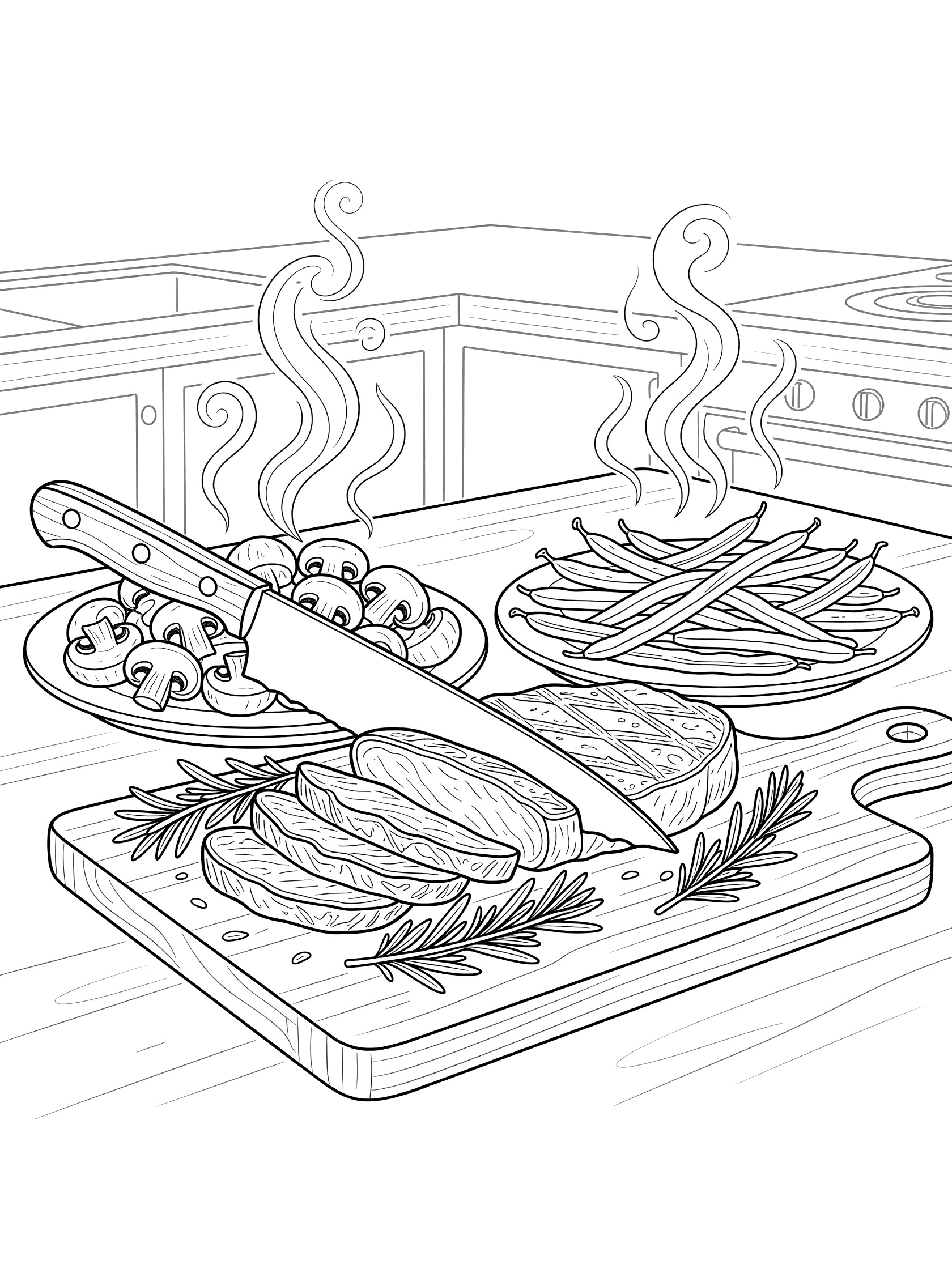 Black and white line art coloring page showing a sharp knife slicing thin pieces from a grilled steak on a wooden cutting board with rosemary sprigs, next to plates of sautรฉed mushrooms and green beans with rising steam in a home kitchen.
