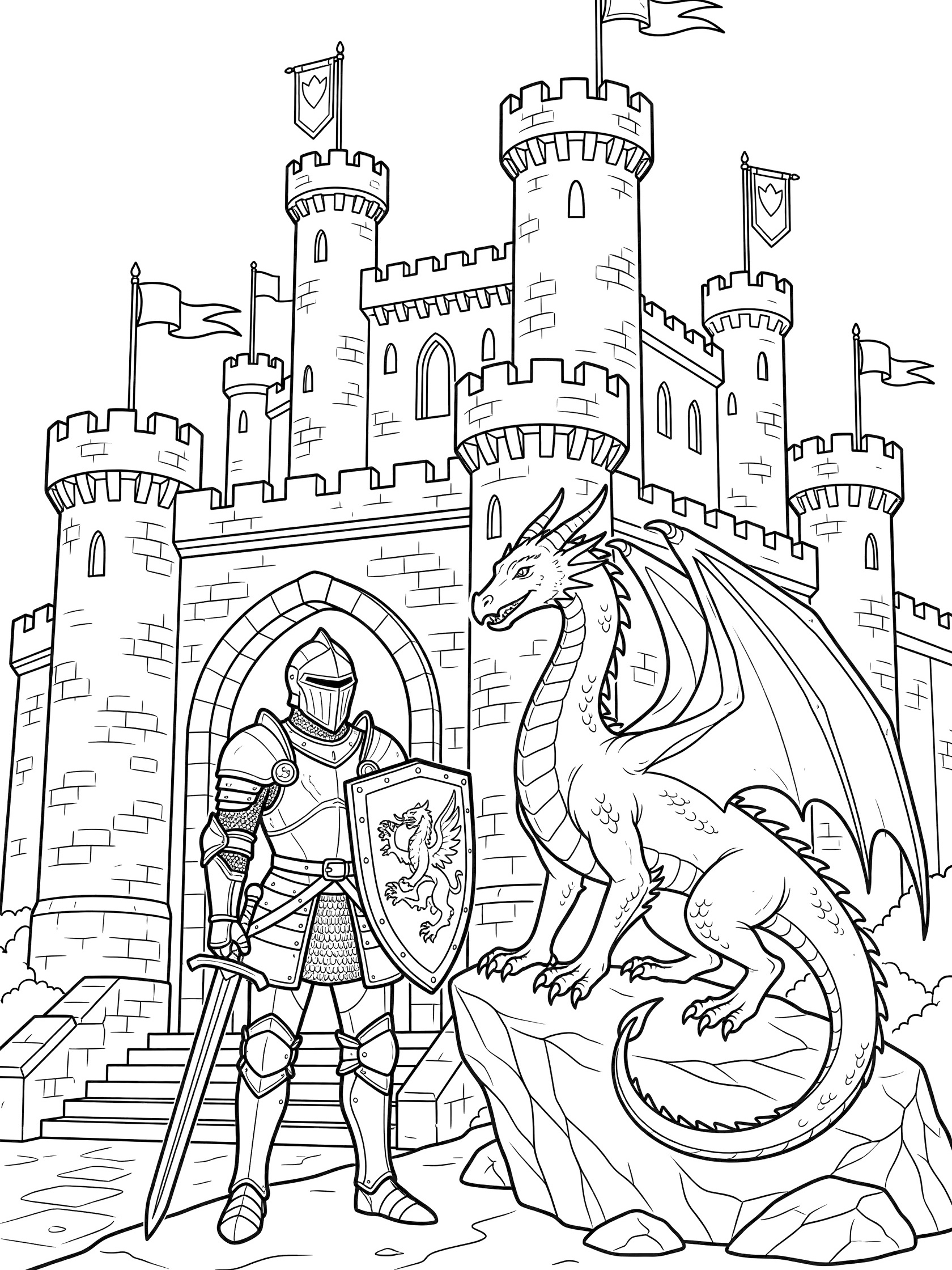 Black and white line art coloring page of a knight in armor holding a sword and shield next to a dragon perched on a rock at the entrance of a tall castle with multiple towers and flags. Dragon Knight themed black and white printable line art