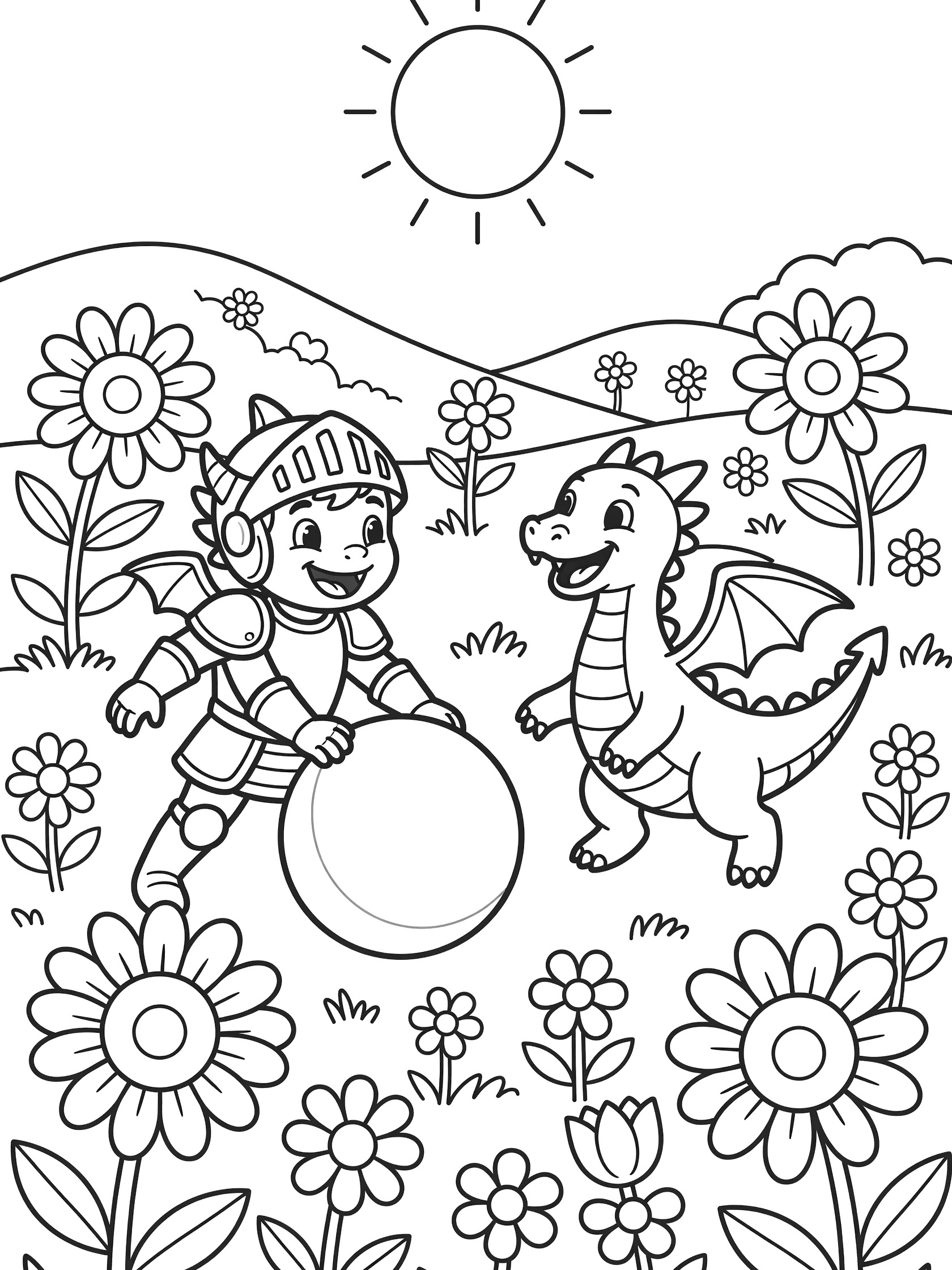 Printable coloring page showing a smiling knight in armor kicking a ball with a friendly dragon surrounded by sunflowers, flowers, rolling hills, and a bright sun. Dragon Knight themed black and white printable line art