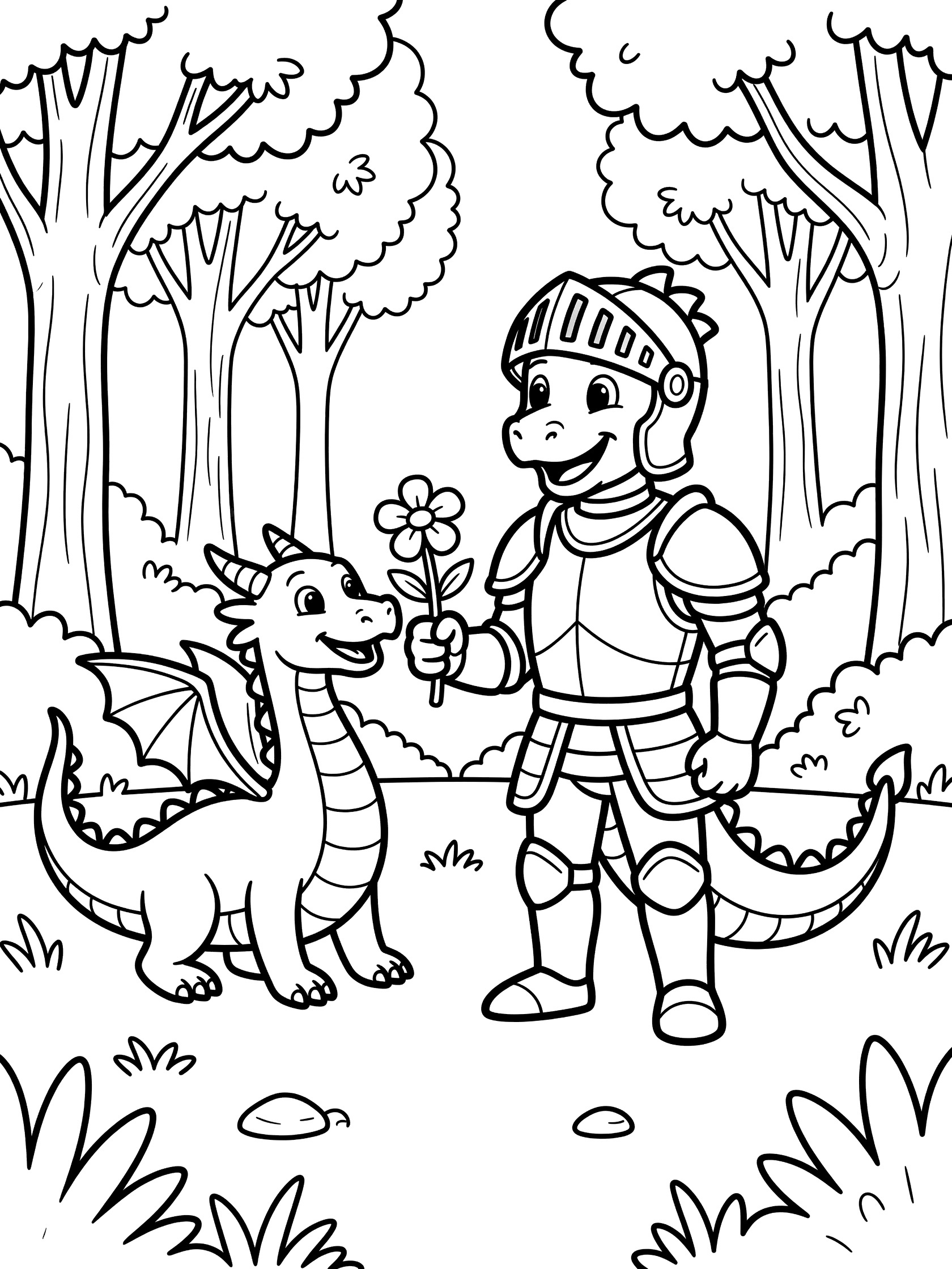 Black and white line art coloring page showing a smiling knight in shiny armor holding a flower while a playful dragon sniffs it in a simple forest with trees and grass. Dragon Knight themed black and white printable line art