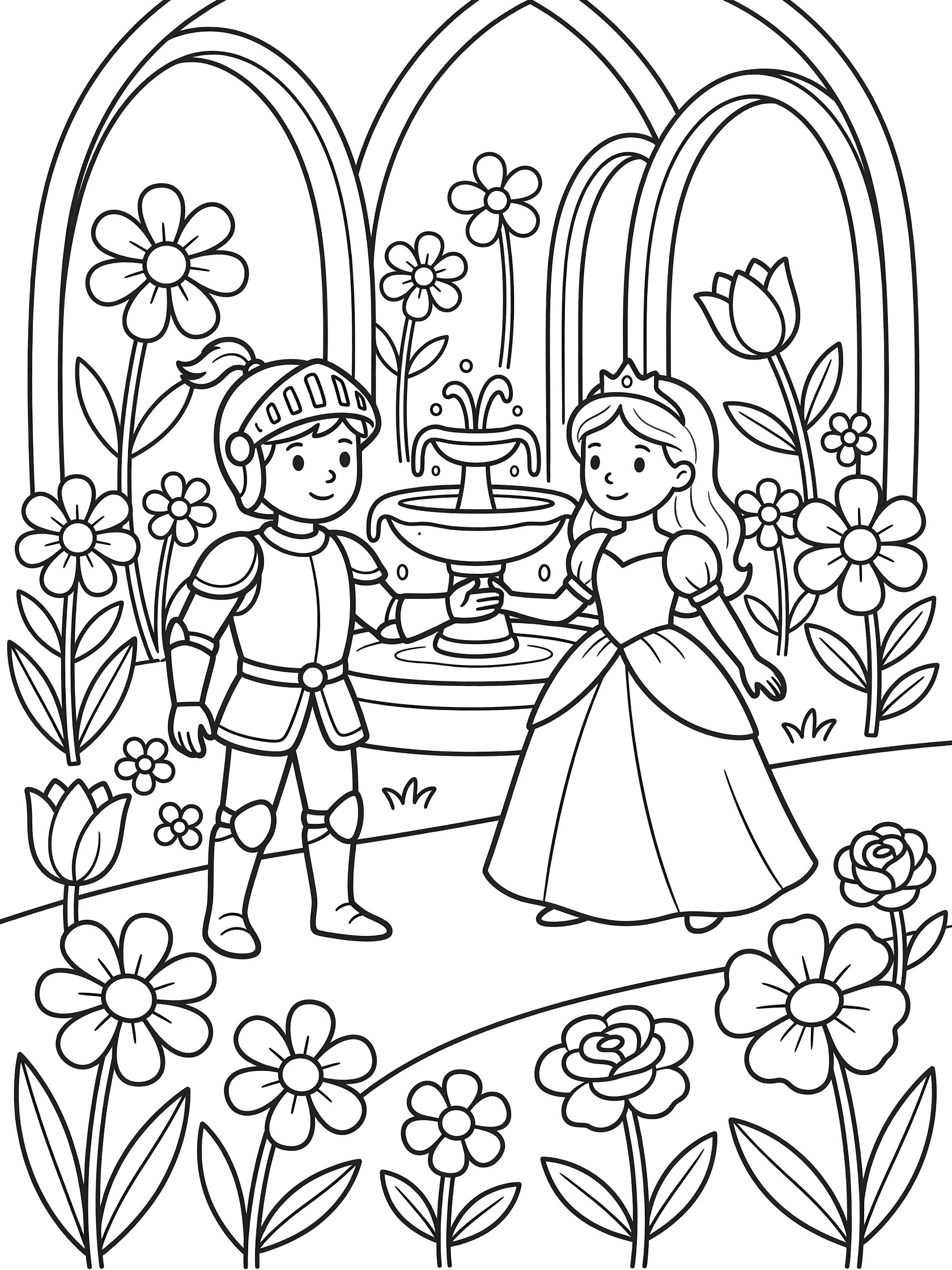 Black and white line art coloring page showing a knight in armor offering his arm to a princess in a gown as they walk in a garden with tall flower arches, blooming flowers, and a central fountain.