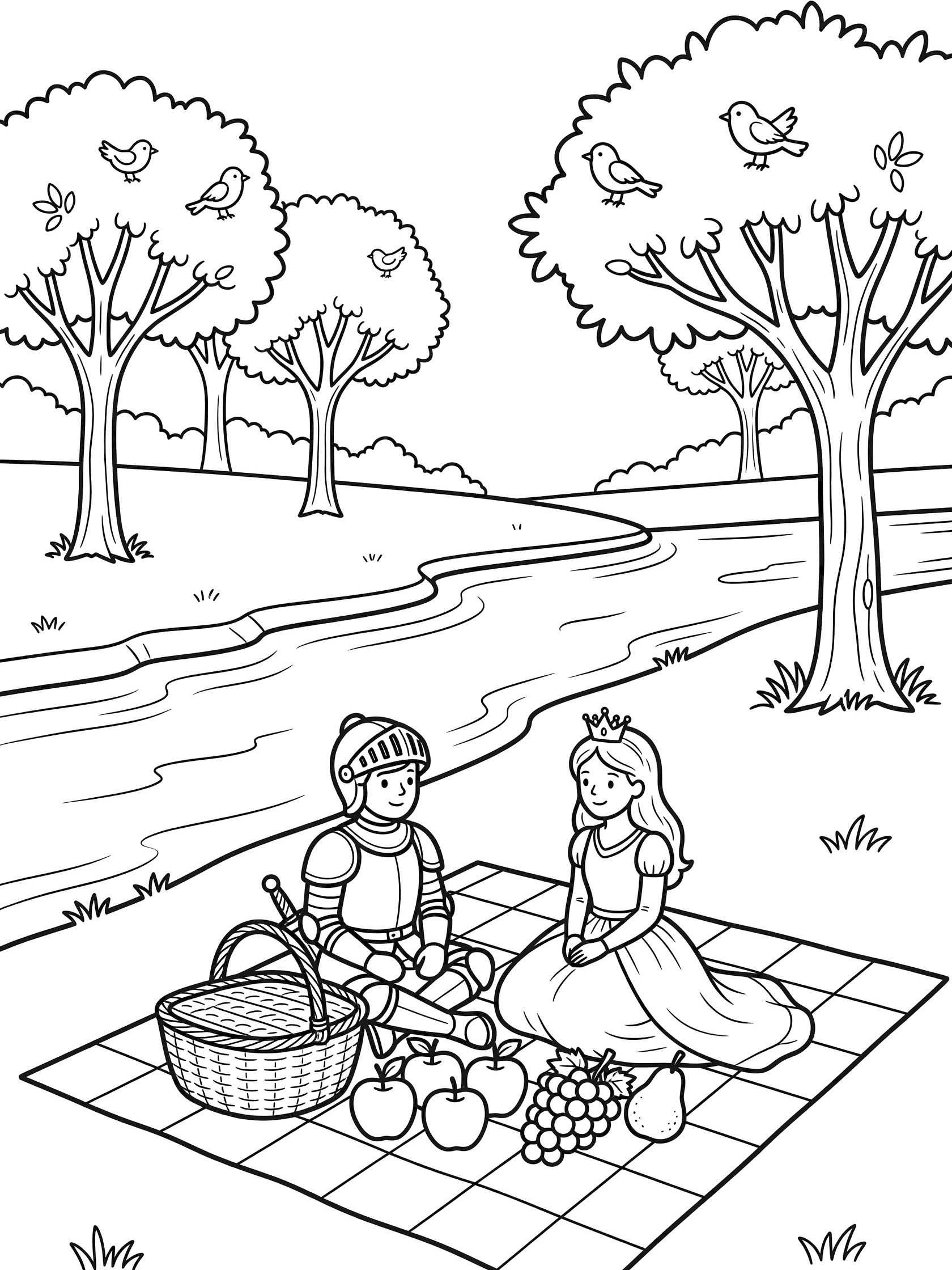 Black and white line art coloring page showing a knight and princess sitting on a checkered picnic blanket with basket and fruits near a river, trees, and birds.