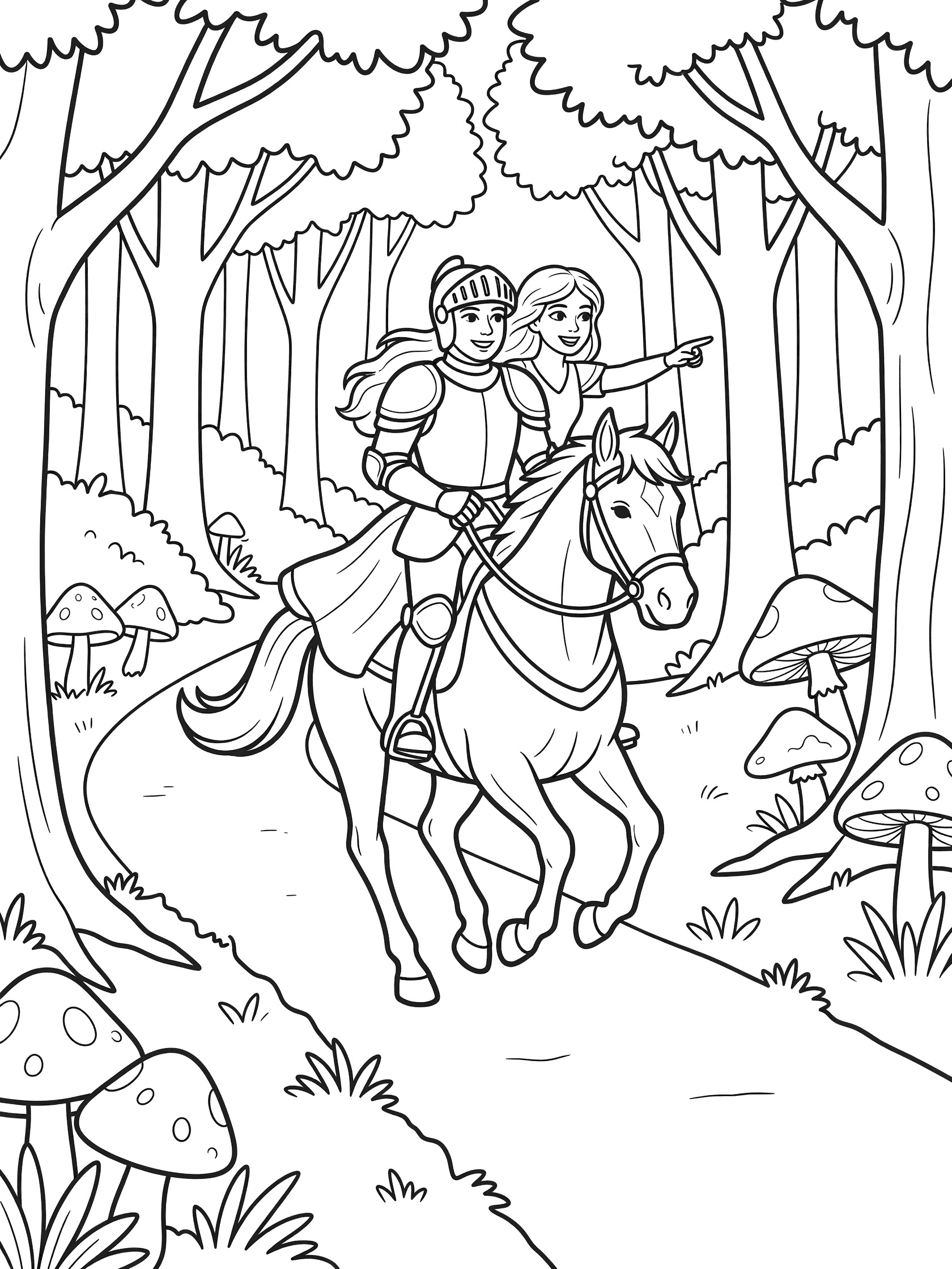 Black and white line art coloring page showing a knight in armor and a girl in a dress riding a galloping horse on a forest path surrounded by trees and mushrooms.