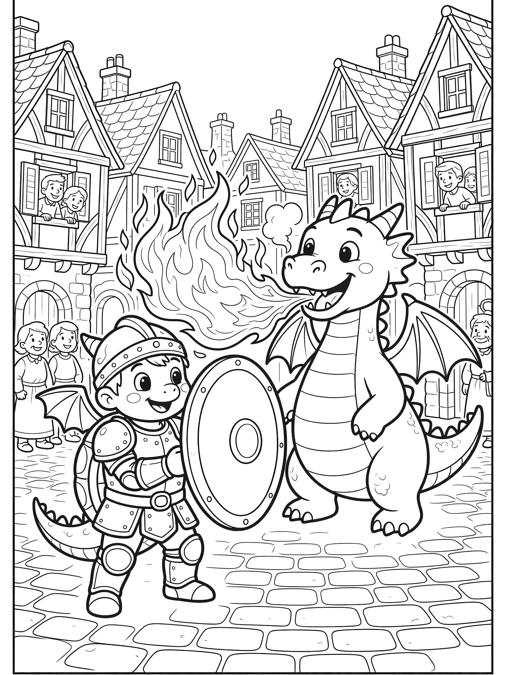 Black and white line art coloring page showing a cute knight in rounded armor raising a round shield to block flames from a smiling chubby dragon in a cobblestone village square surrounded by houses with villagers peeking from windows. Dragon Slayer themed black and white printable line art