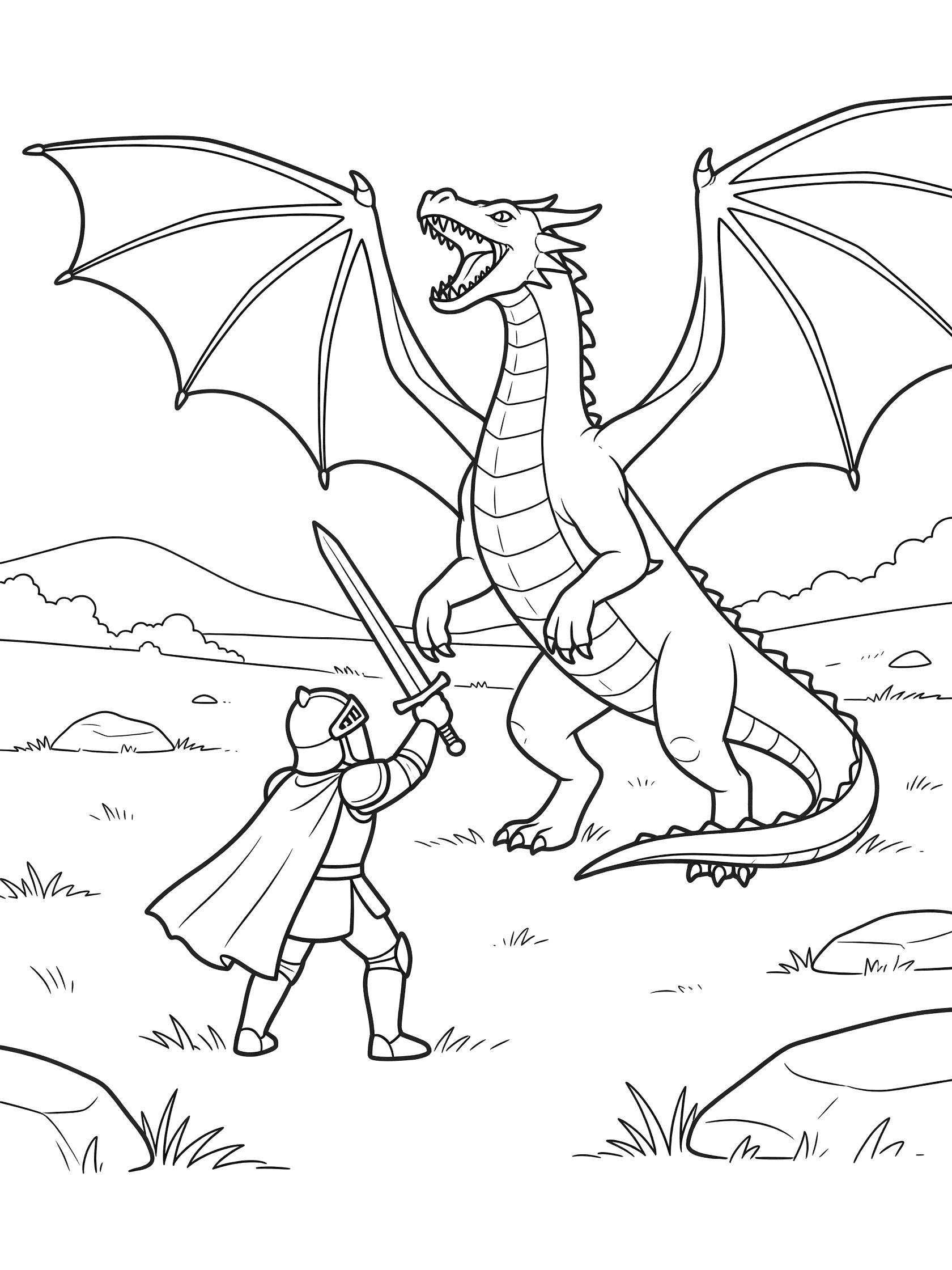 Dragon slayer knight with raised sword and helmet battling a roaring winged dragon on hind legs in a meadow coloring page
