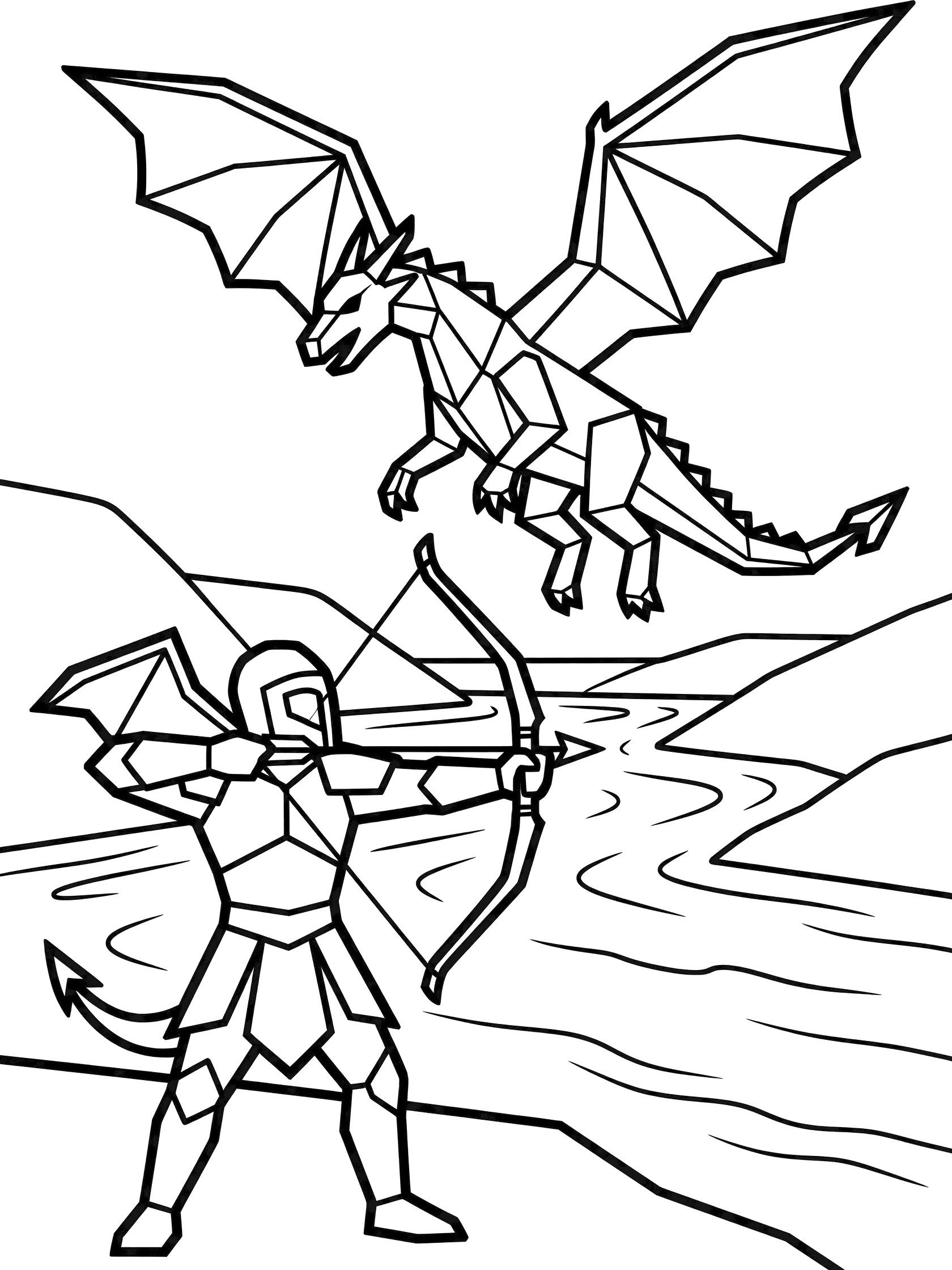 Black and white coloring book page showing a stylized dragon slayer in armor aiming a bow and arrow at a flying geometric dragon above river waves.