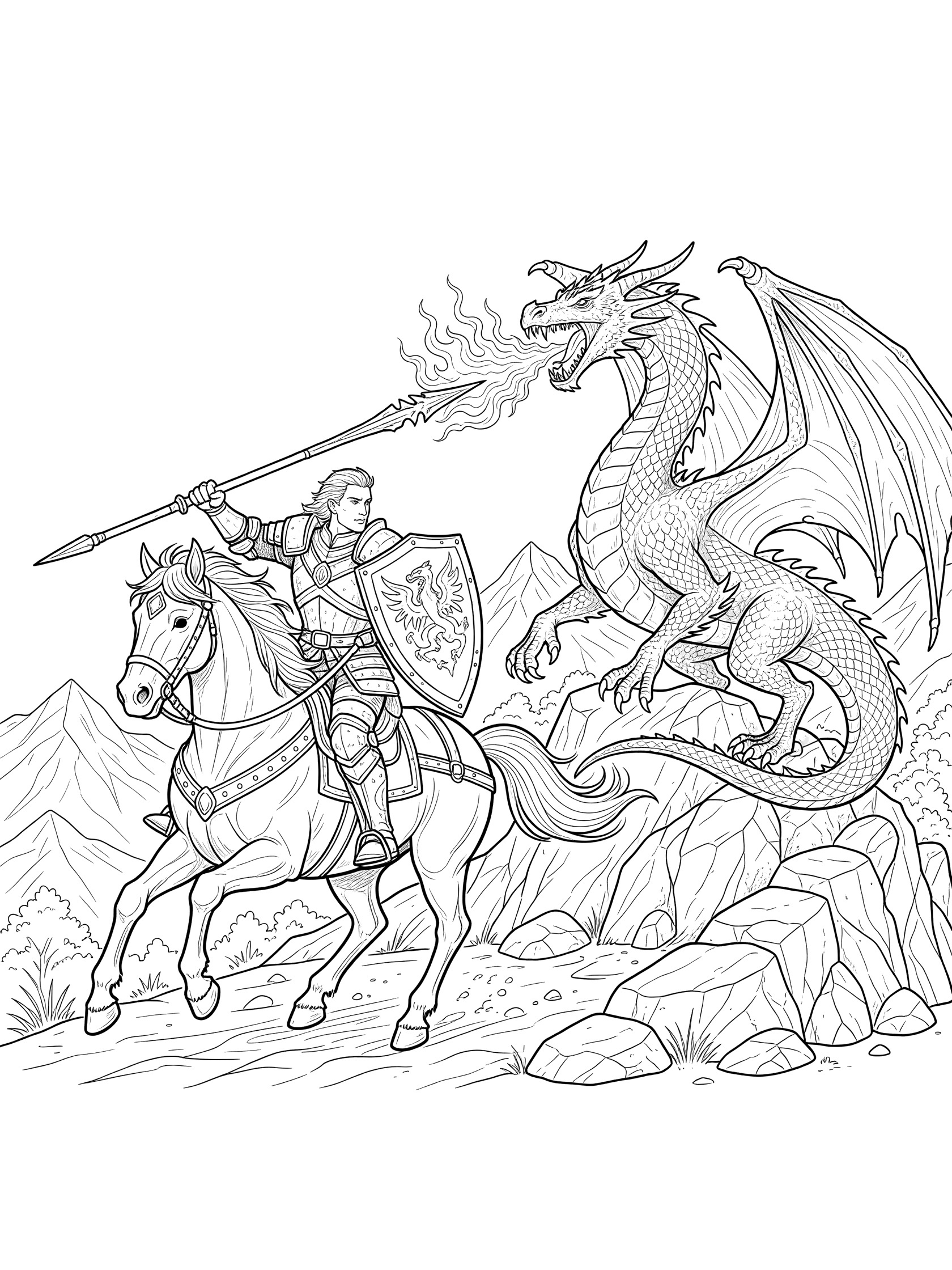 Black and white line art coloring page showing a knight in armor riding a horse with flowing mane, holding a long lance and shield, charging toward a winged dragon breathing fire, with rocky hills in the background. Dragon Slayer themed black and white printable line art
