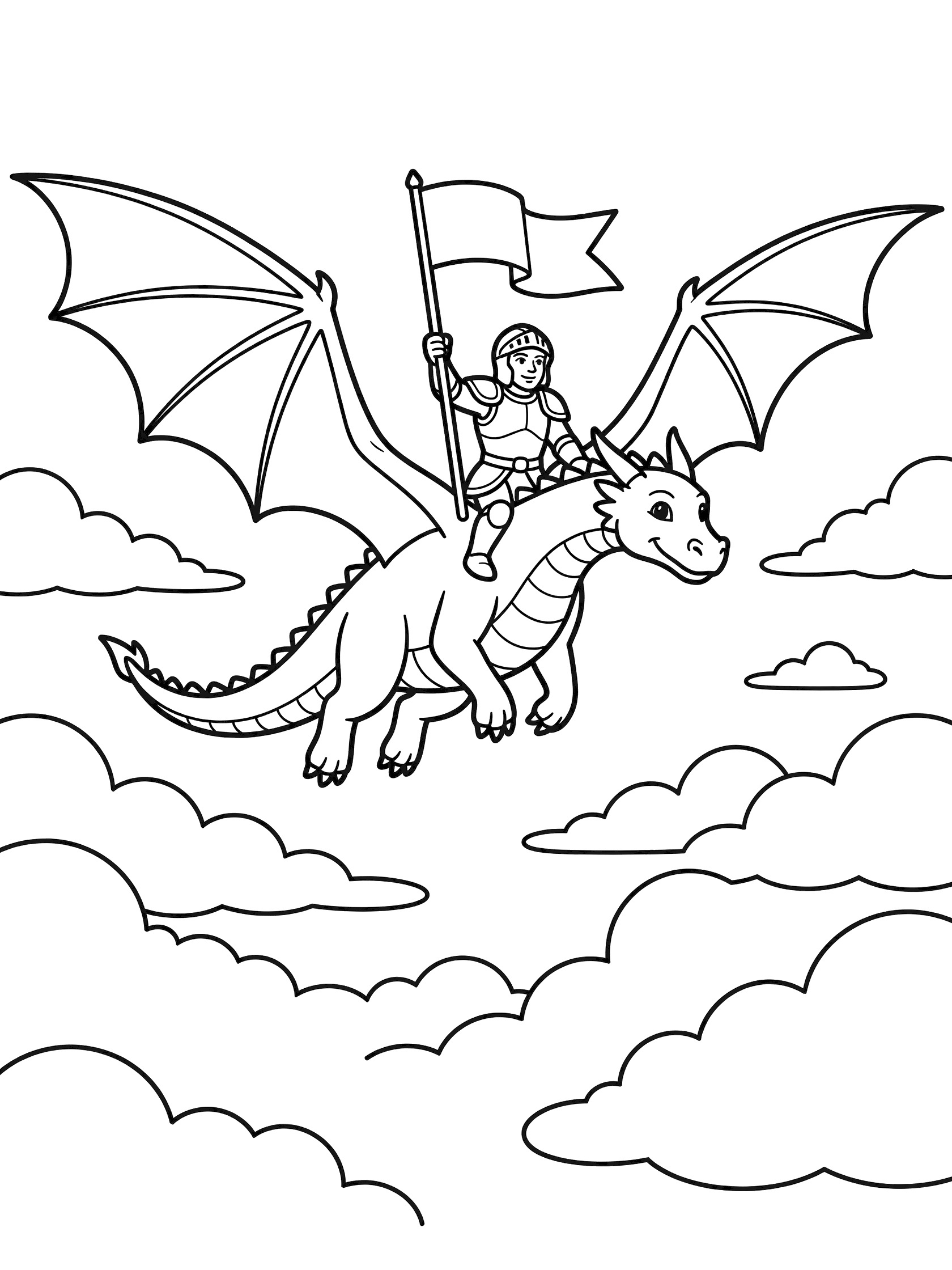 Black and white line art coloring page showing a knight in armor sitting on a dragon with spread wings flying above fluffy clouds. Dragon Knight themed black and white printable line art