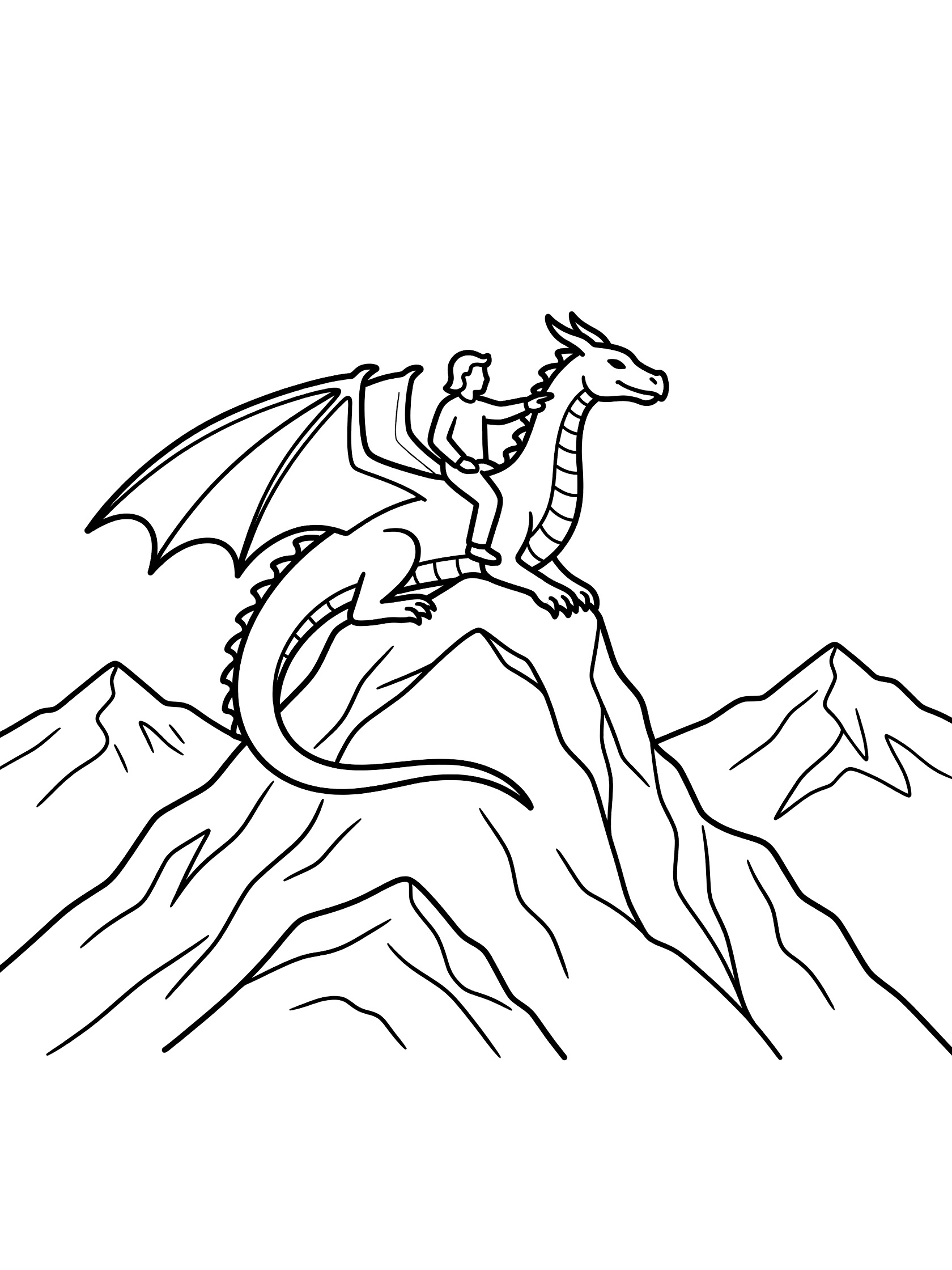Black and white coloring page of a knight sitting on a dragon on a jagged mountain peak, pointing to the horizon with peaks in the background. Dragon Rider themed black and white printable line art
