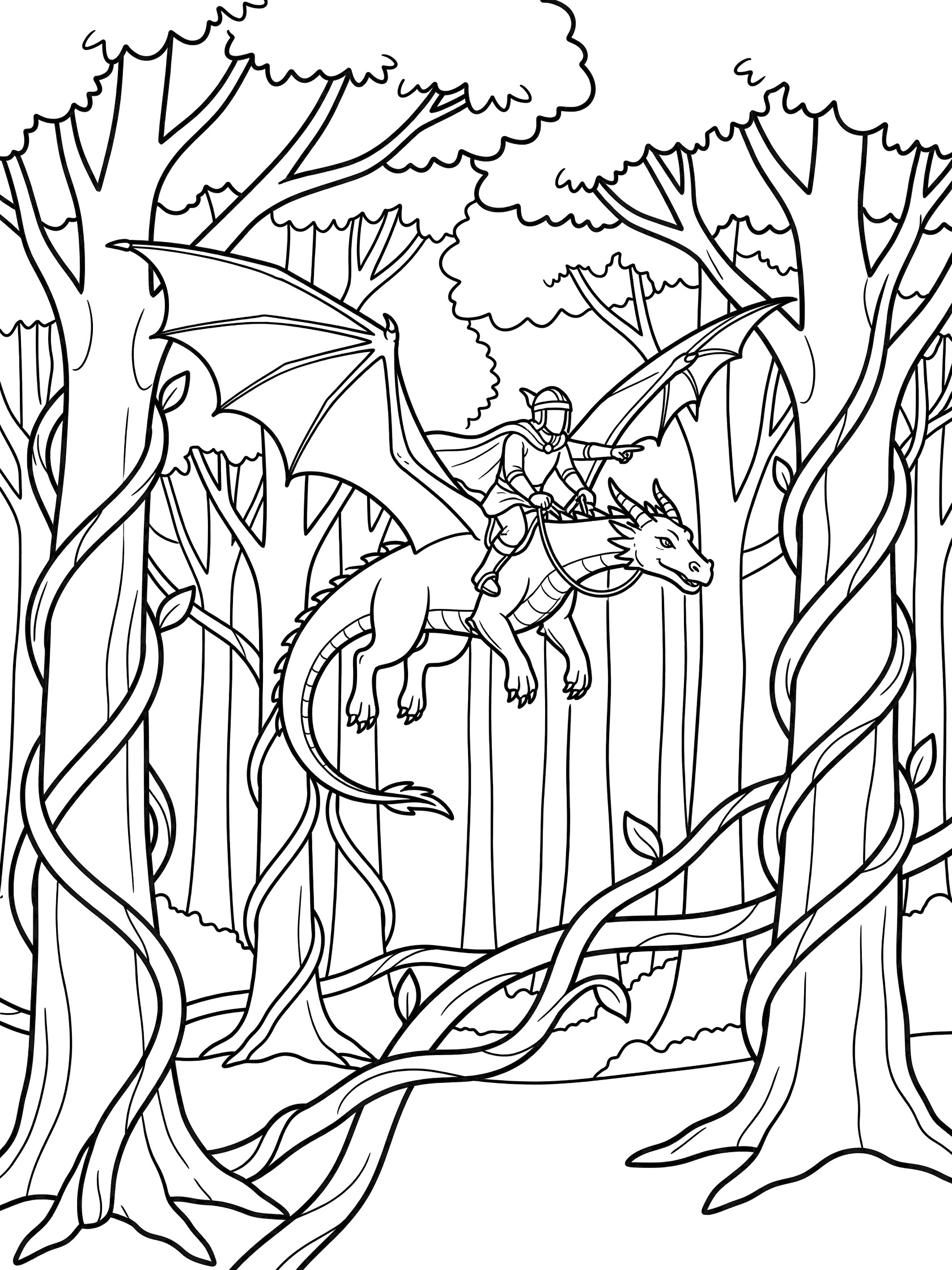 Black and white line drawing of a knight in helmet riding a winged dragon flying low through a forest with tall trees and twisting vines. Dragon Rider themed black and white printable line art