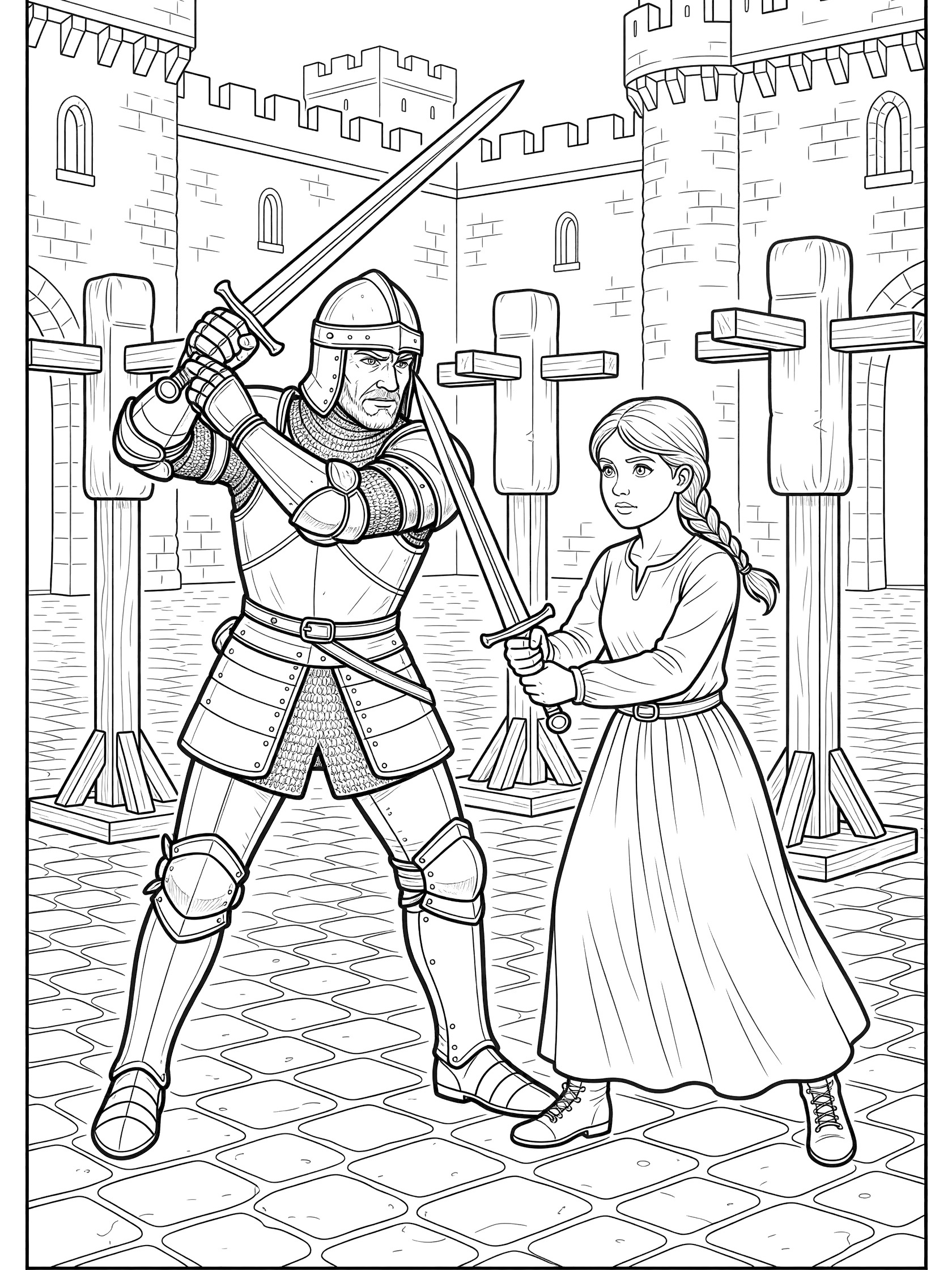 Line art coloring page showing armored knight in fighting pose with sword next to girl in dress holding sword, stone castle walls and wooden dummies in courtyard background.