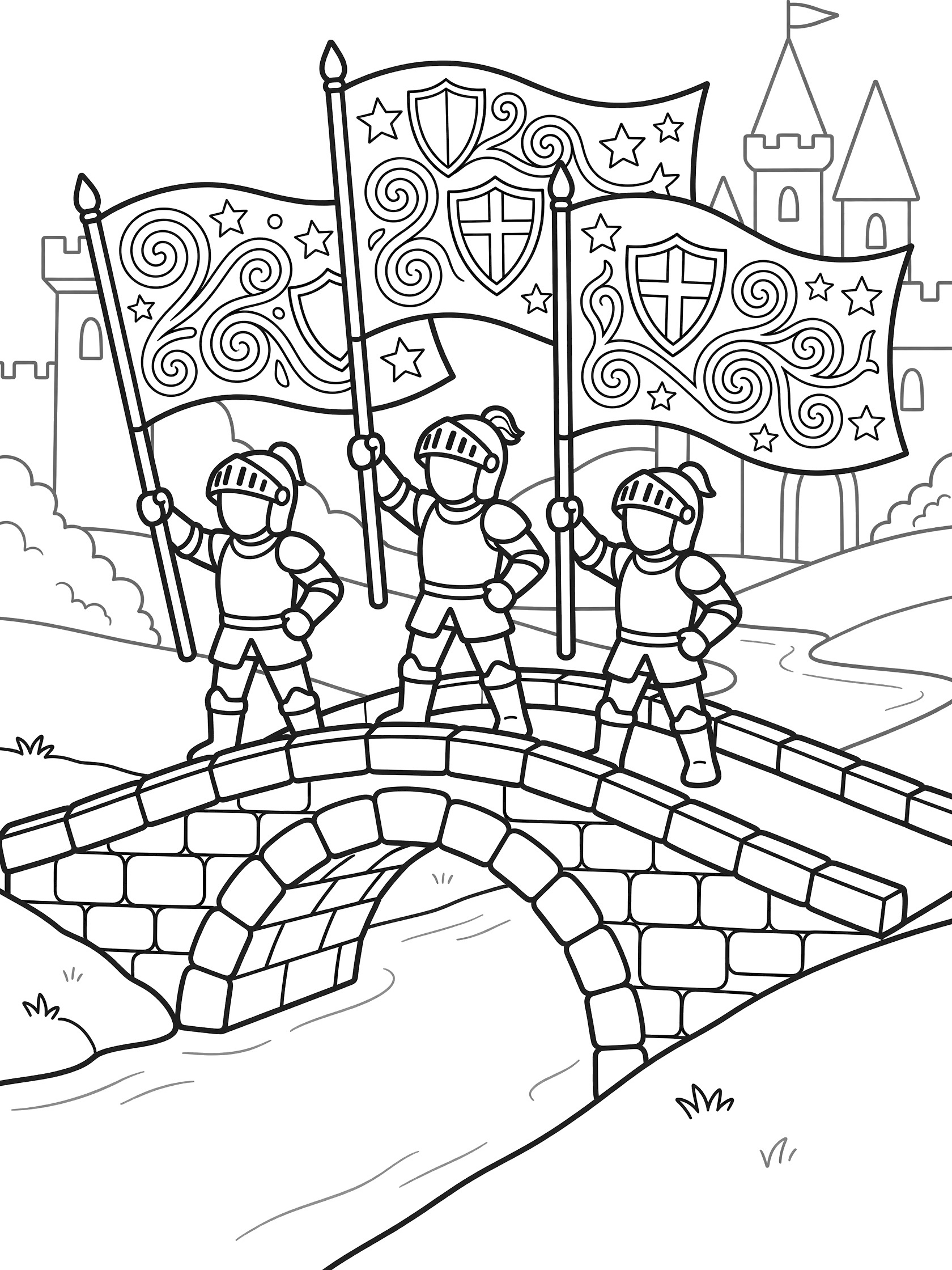 Black and white coloring page of knights in armor on a stone bridge over a river, waving banners with swirling zentangle designs, castle towers in background