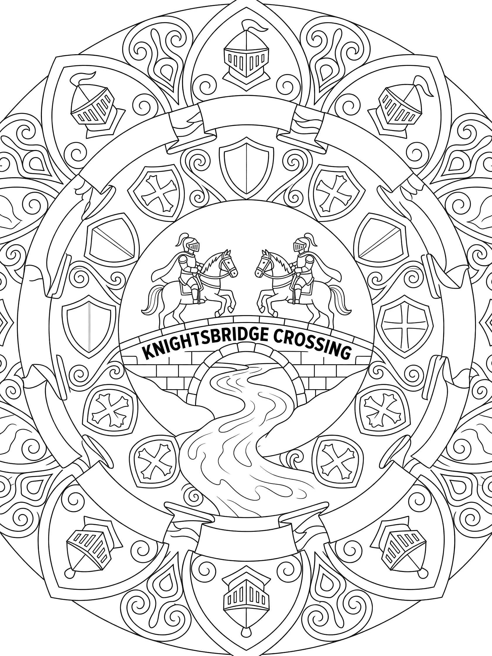 Black and white line art coloring page showing a round mandala with two knights on horses crossing a bridge over a river, surrounded by shields and curly patterns. Text reads Knightsbridge Crossing.