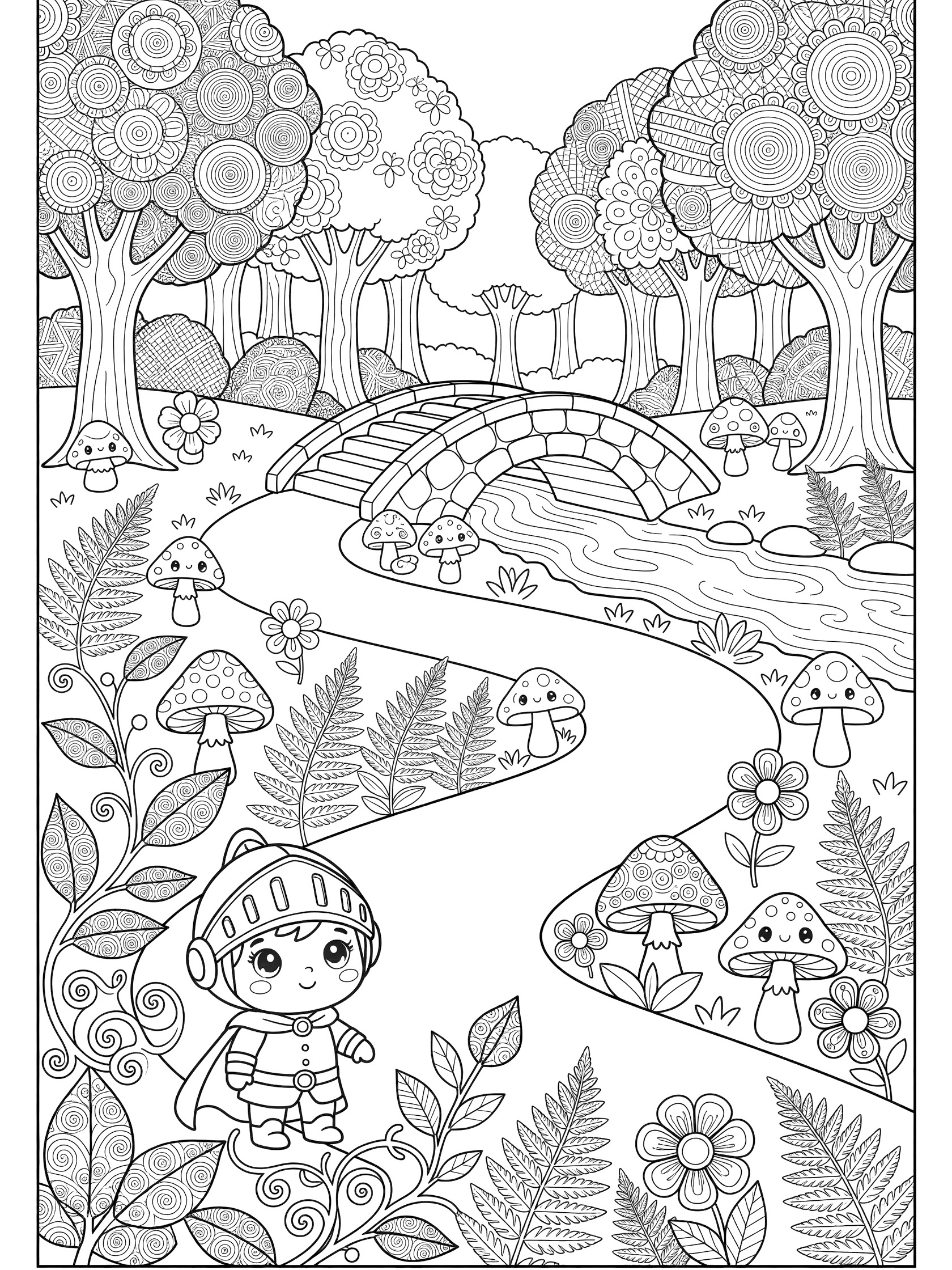 Kawaii black-and-white coloring page of Knightsbridge forest path with cute knight at start, patterned trees, mushrooms, ferns, flowers, and stone bridge over stream