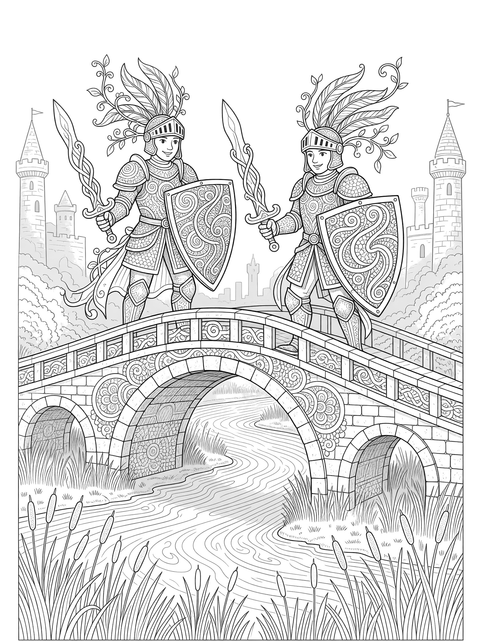 Black and white zentangle coloring page of Knightsbridge Guardians: two knights with patterned armor and shields standing on a stone bridge over a river with reeds and misty towers.