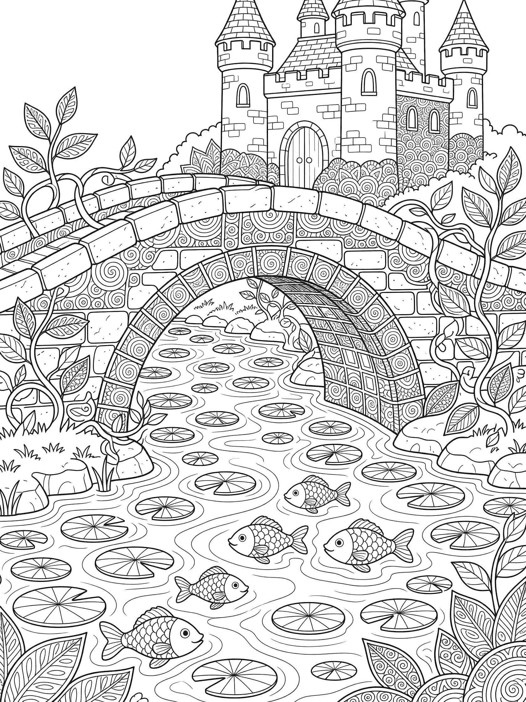 Black and white coloring page of Knightsbridge moat featuring arched stone bridge over rippling water with lily pads and fish, vines, and cozy castle with zentangle designs.
