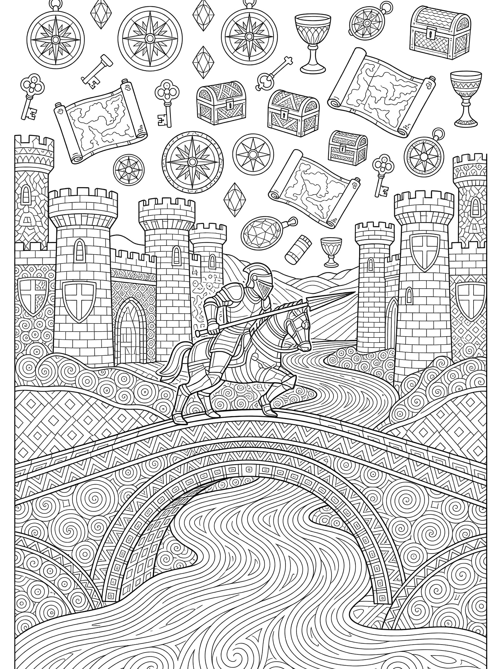 Intricate black and white Zentangle coloring page of Knightsbridge Quest showing a knight in armor on horseback crossing a patterned bridge with castles, river waves, and background maps, keys, and gems.